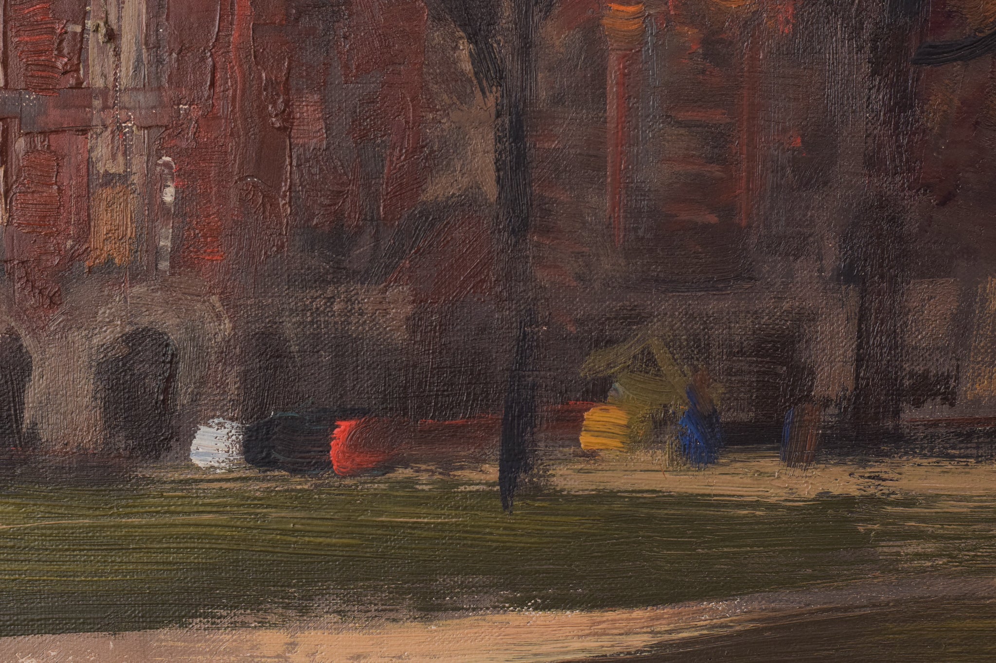 A painting of a park with trees and buildings in the background.