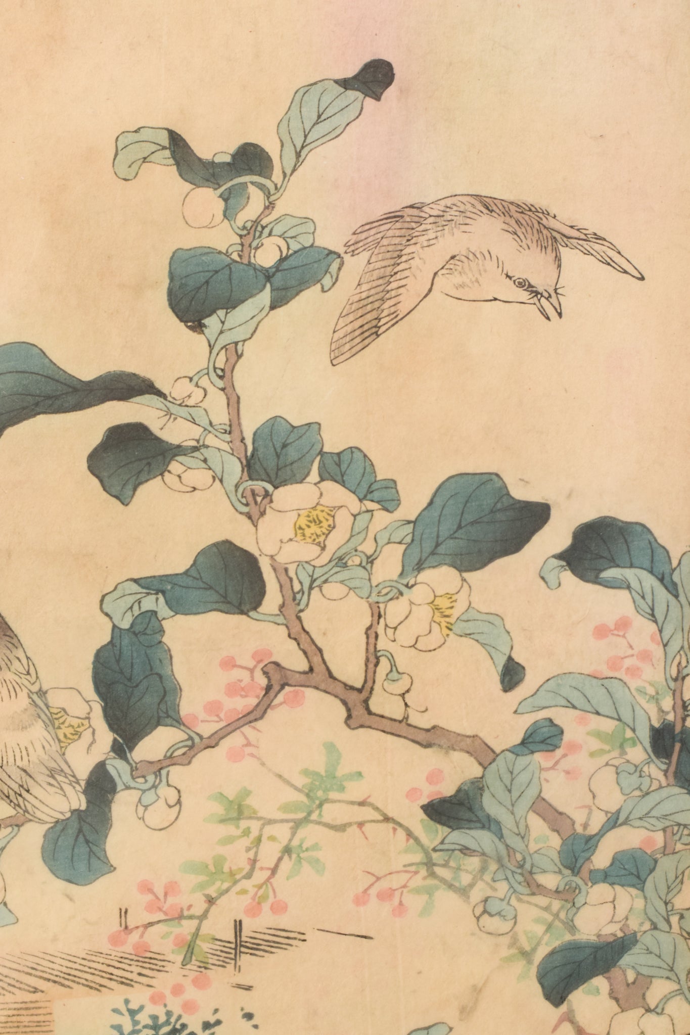 A painting of two birds sitting on a branch of a tree.