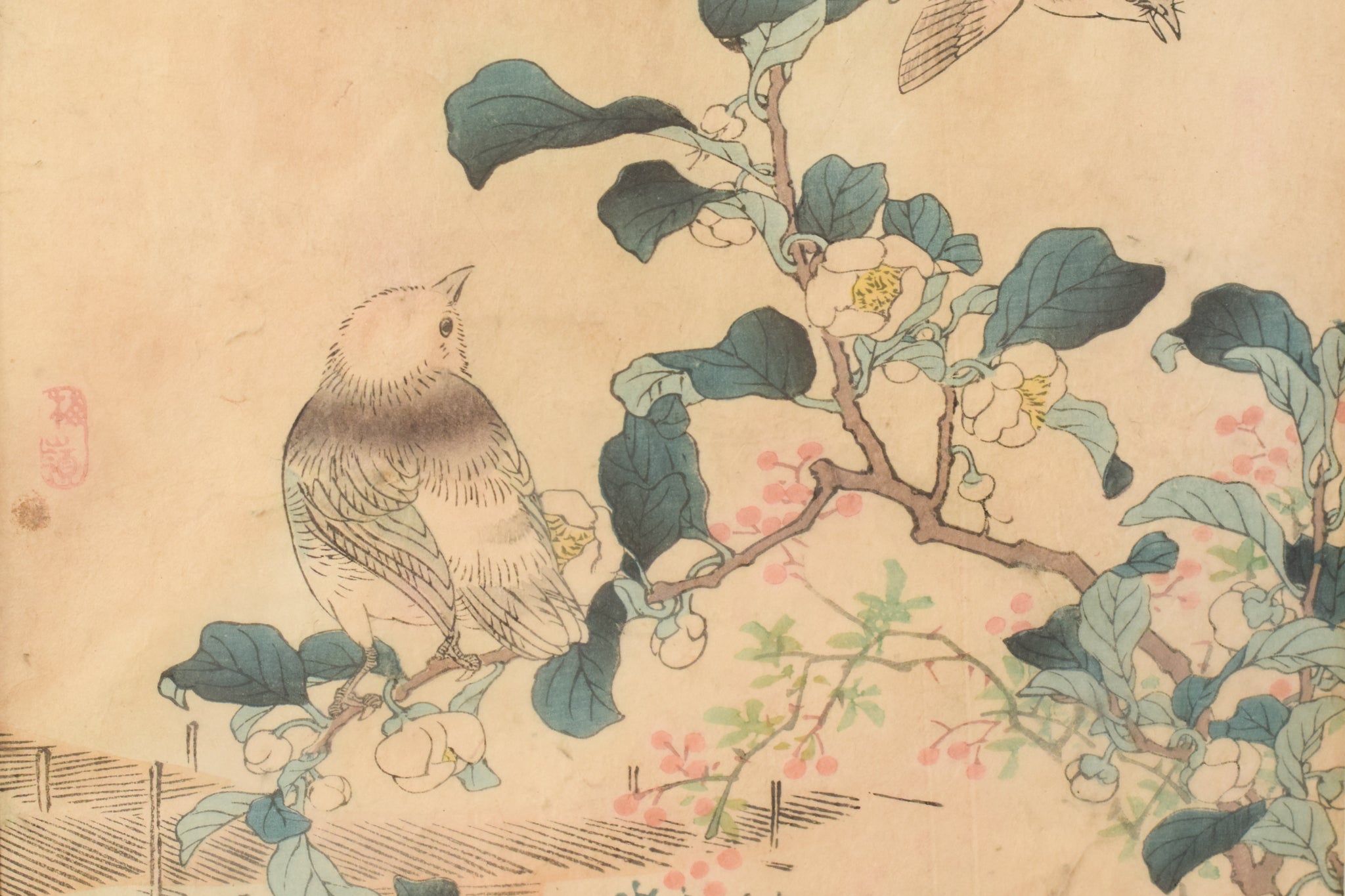 A painting of two birds sitting on a branch of a tree.