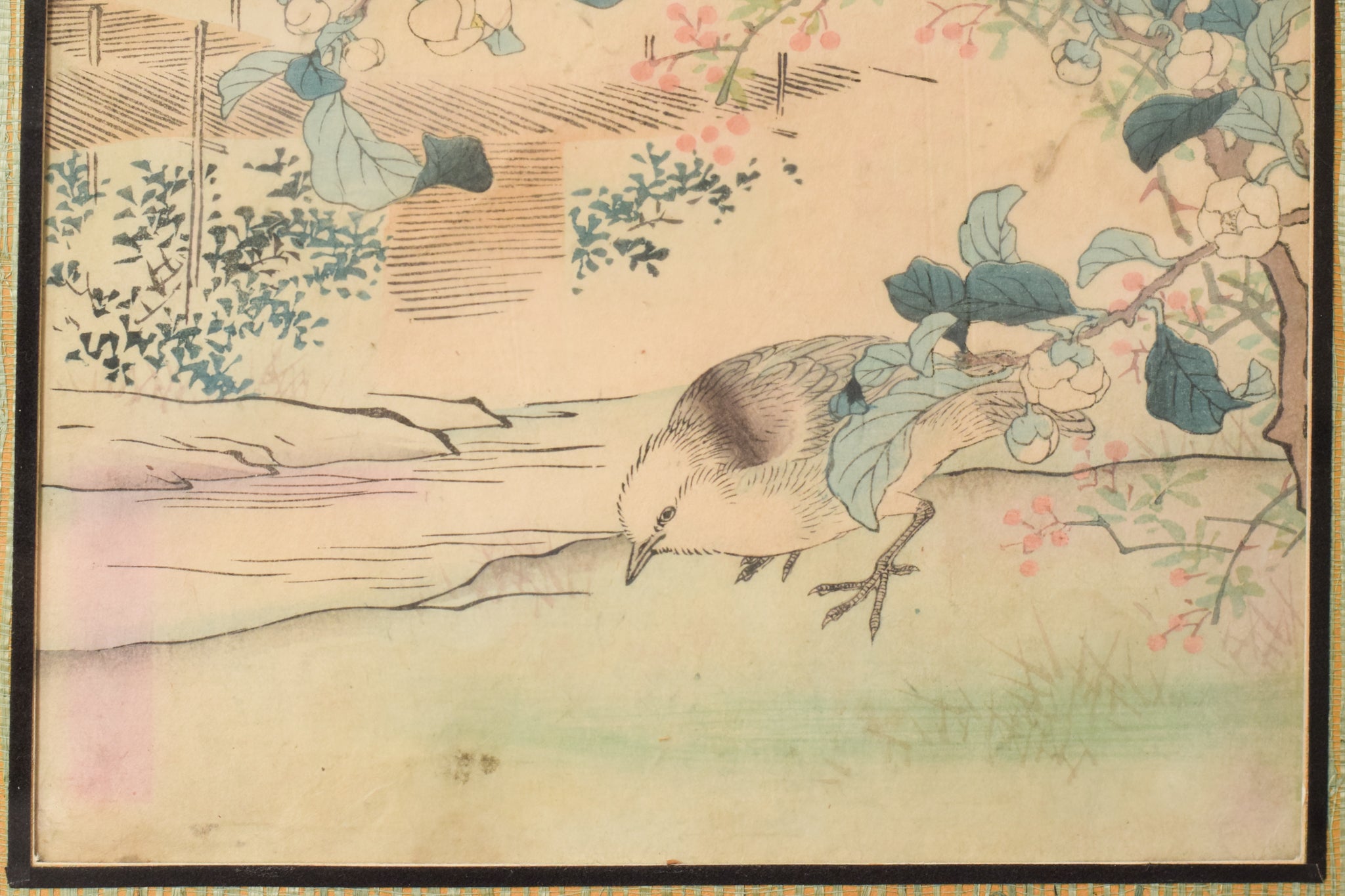 A painting of two birds sitting on a branch of a tree.