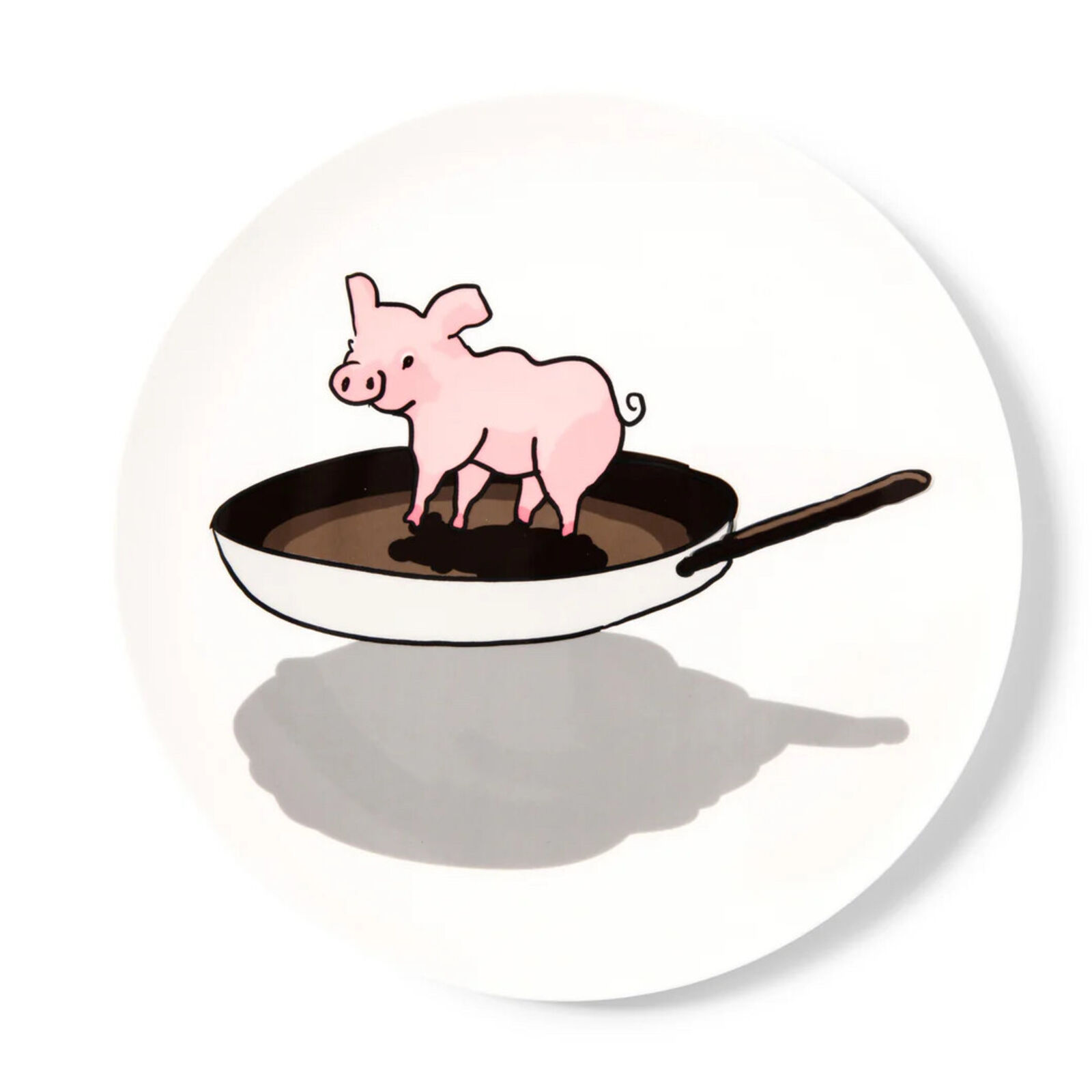 A cartoon pig in a frying pan with a wooden spoon.