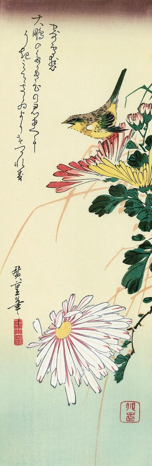 a painting of a bird sitting on top of a flower