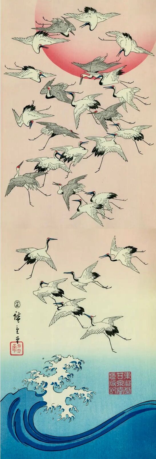 a painting of cranes flying over a body of water