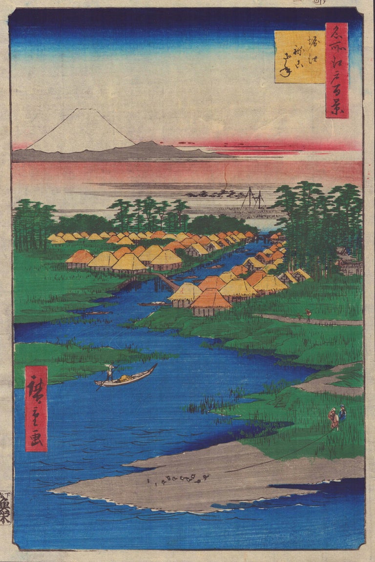 A painting of a river with a boat in the water.