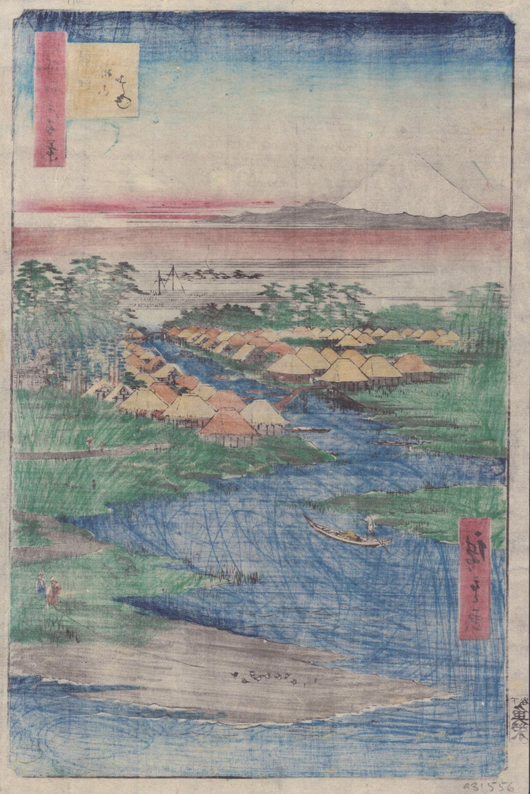 A painting of a river with a boat in the water.