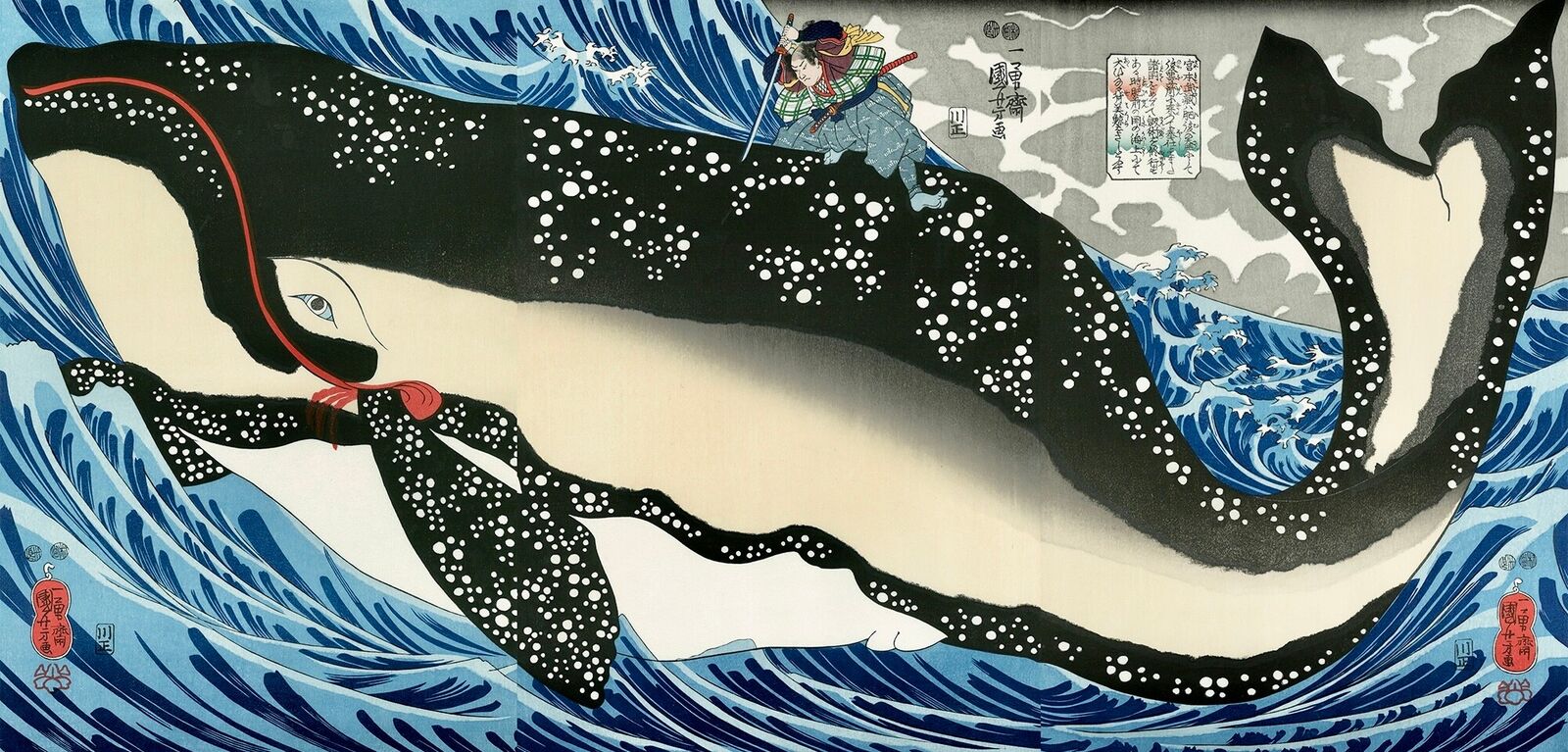 A painting of a whale with a man riding on top of it.