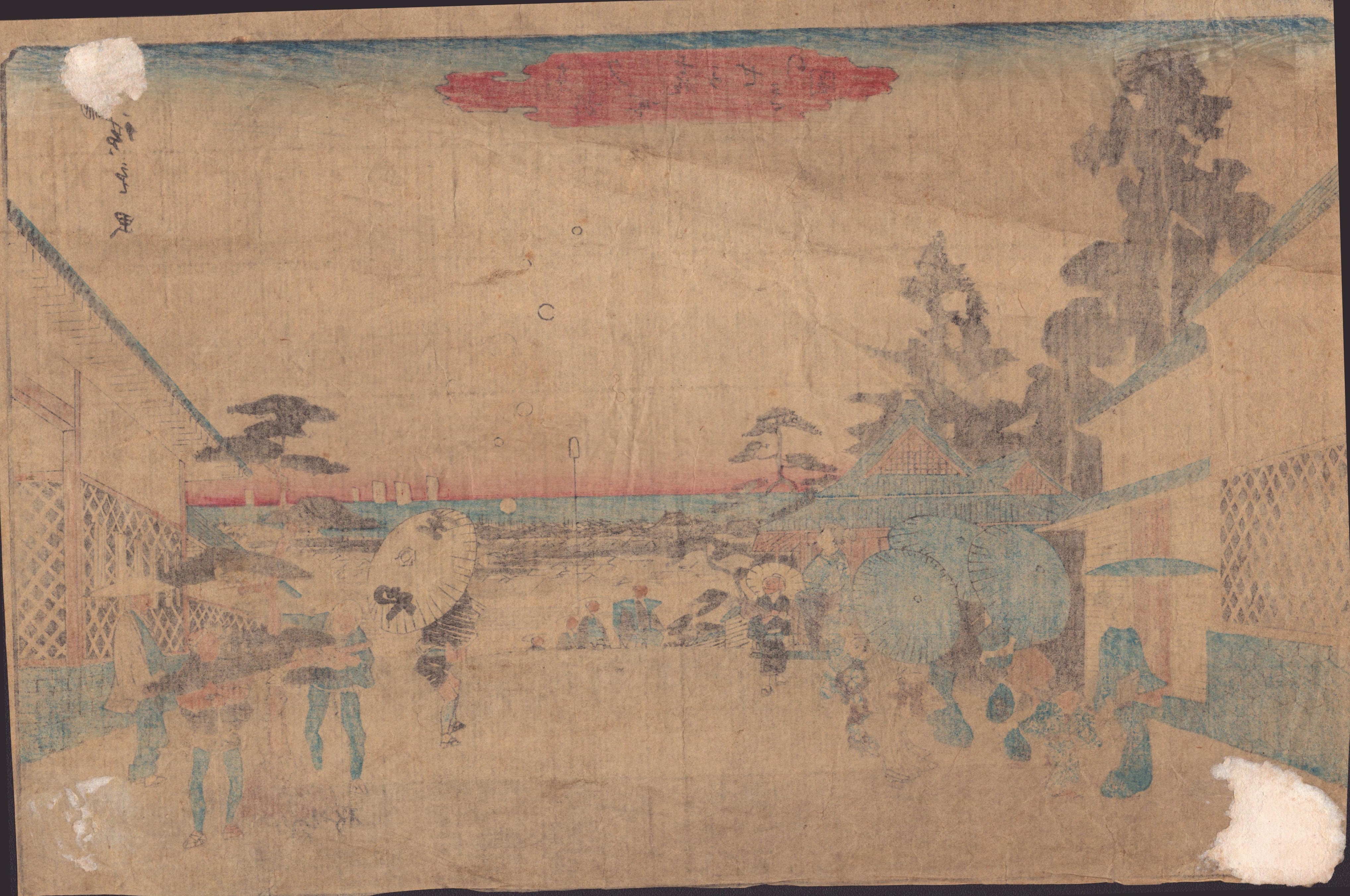 A woodblock print of a bustling street scene at dusk with figures in traditional clothing and floating lanterns.