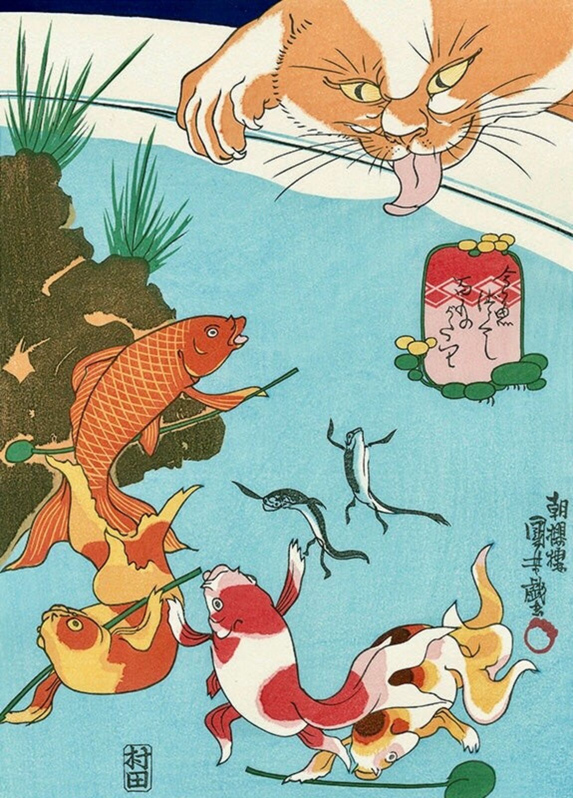 A painting of a cat and koi fish in a pond.