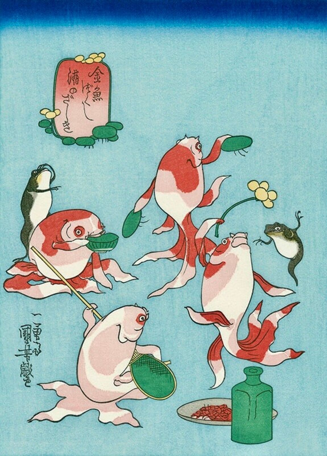 A painting of a group of koi fish eating food.
