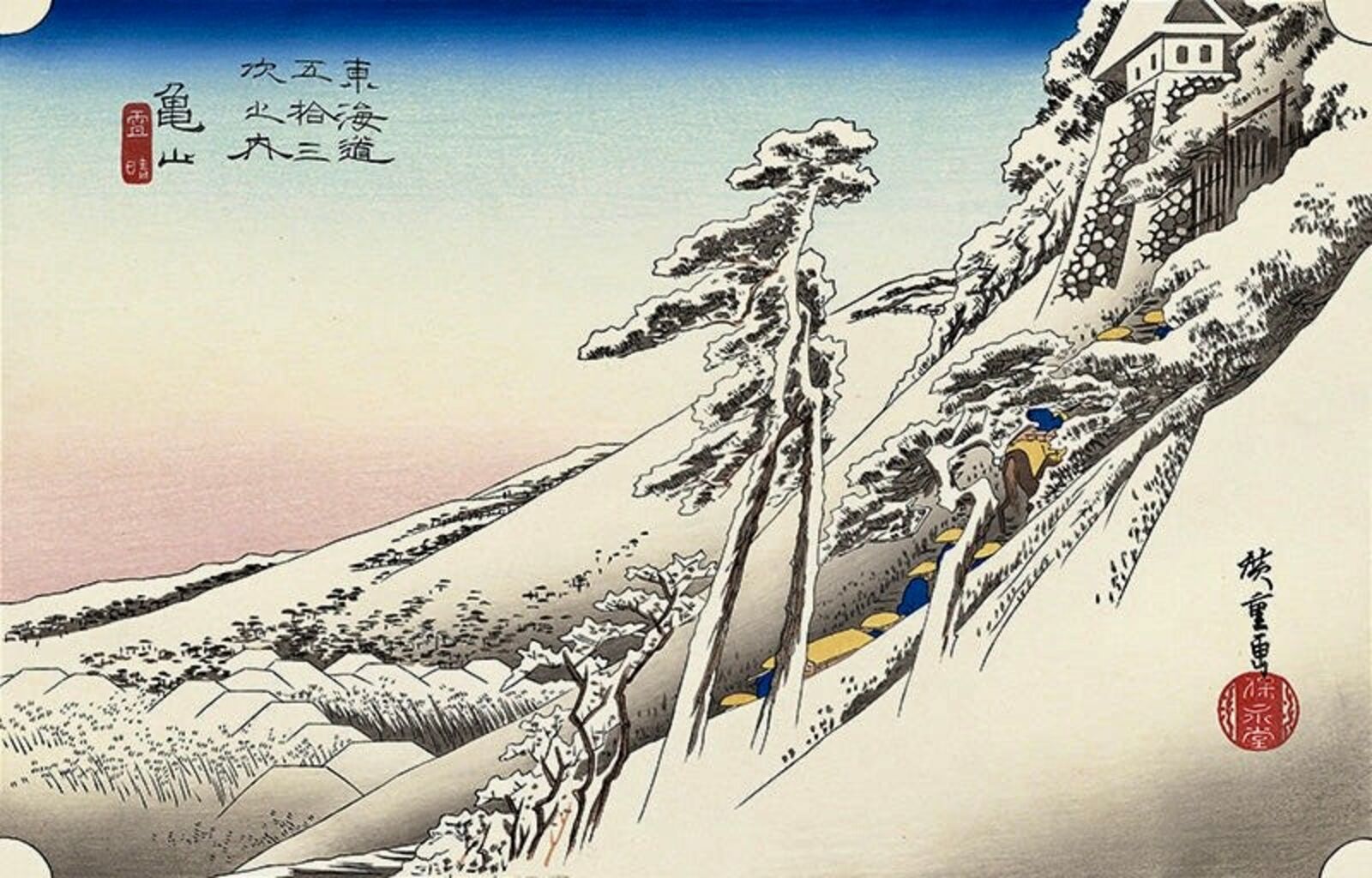 A painting of a snowy landscape with a house in the background.