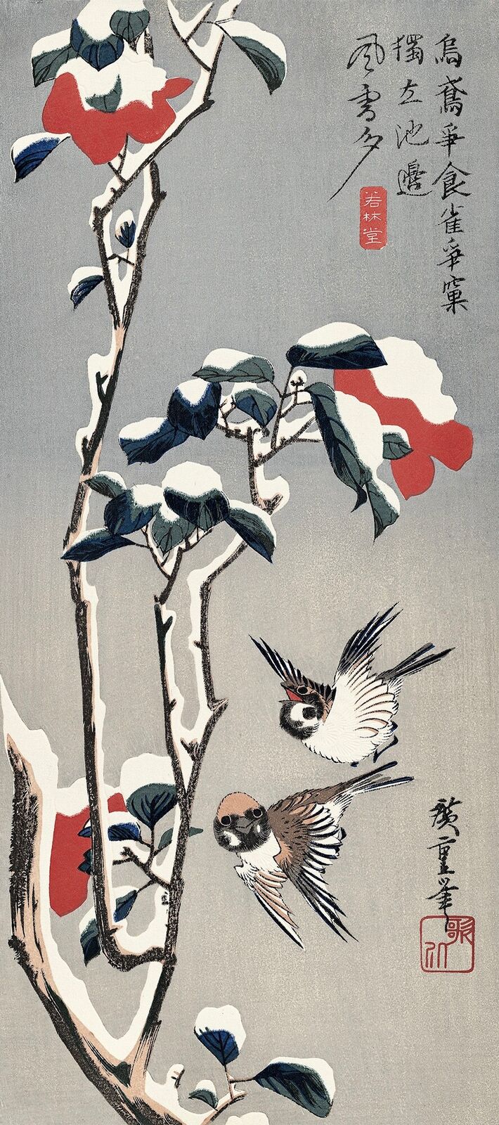 A painting of two birds sitting on a tree branch in the snow.