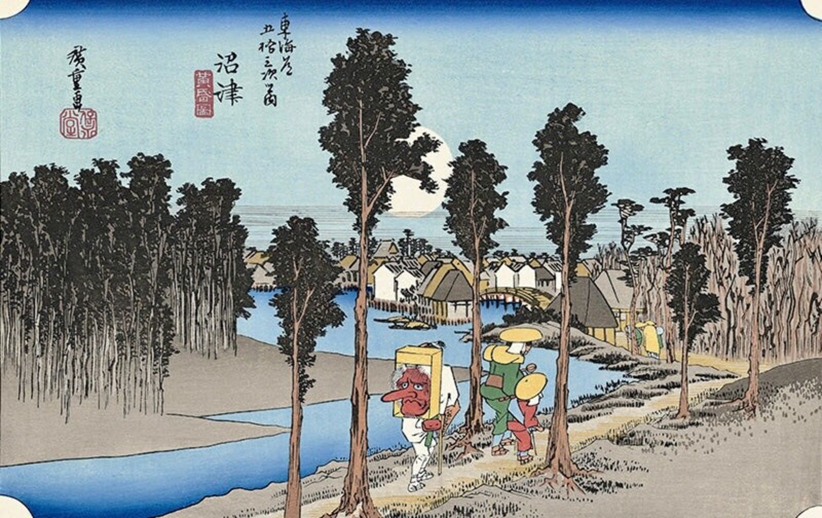 A painting of a group of people walking down a road next to a river.