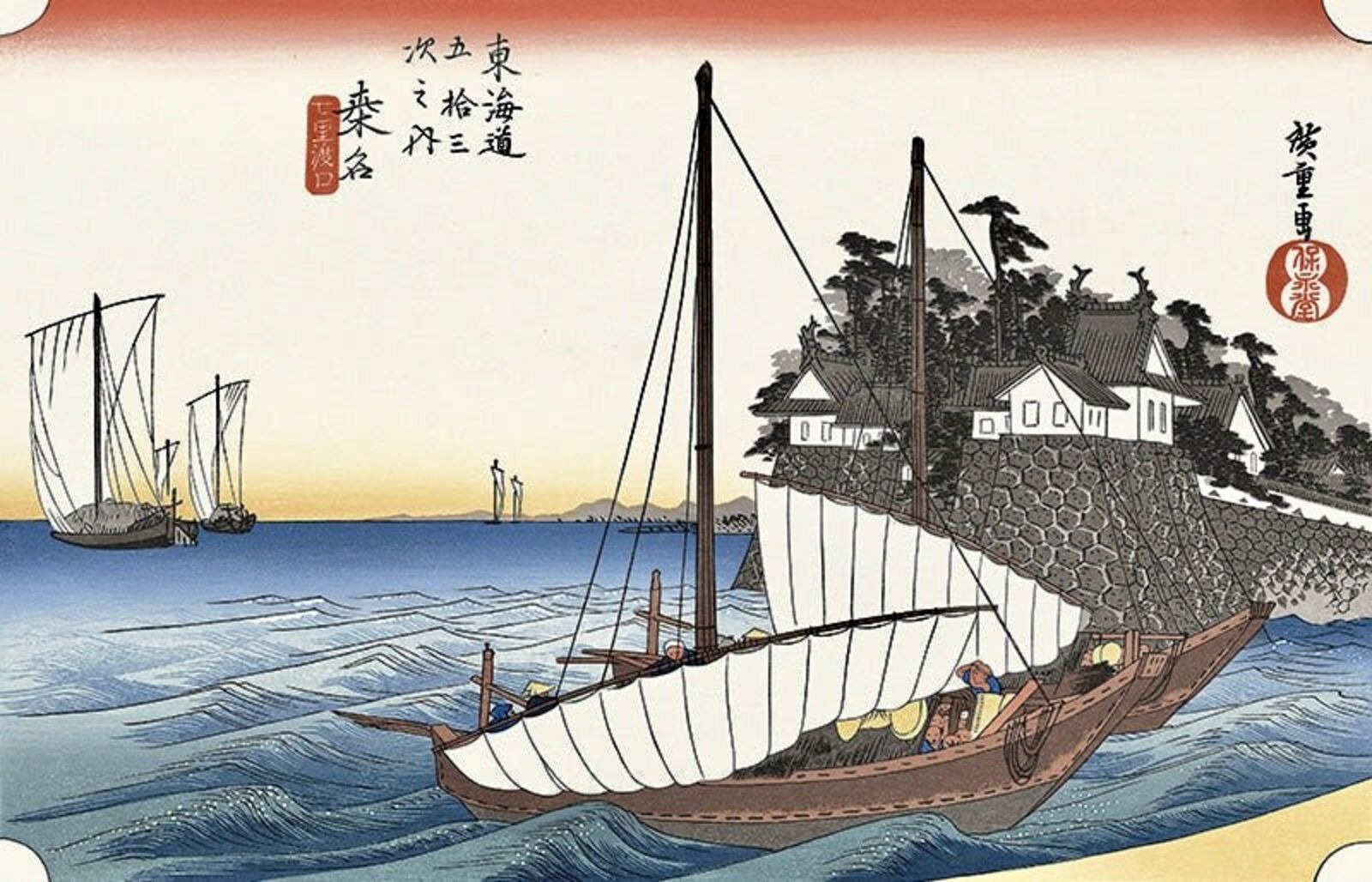 A painting of a boat in the ocean near a house.