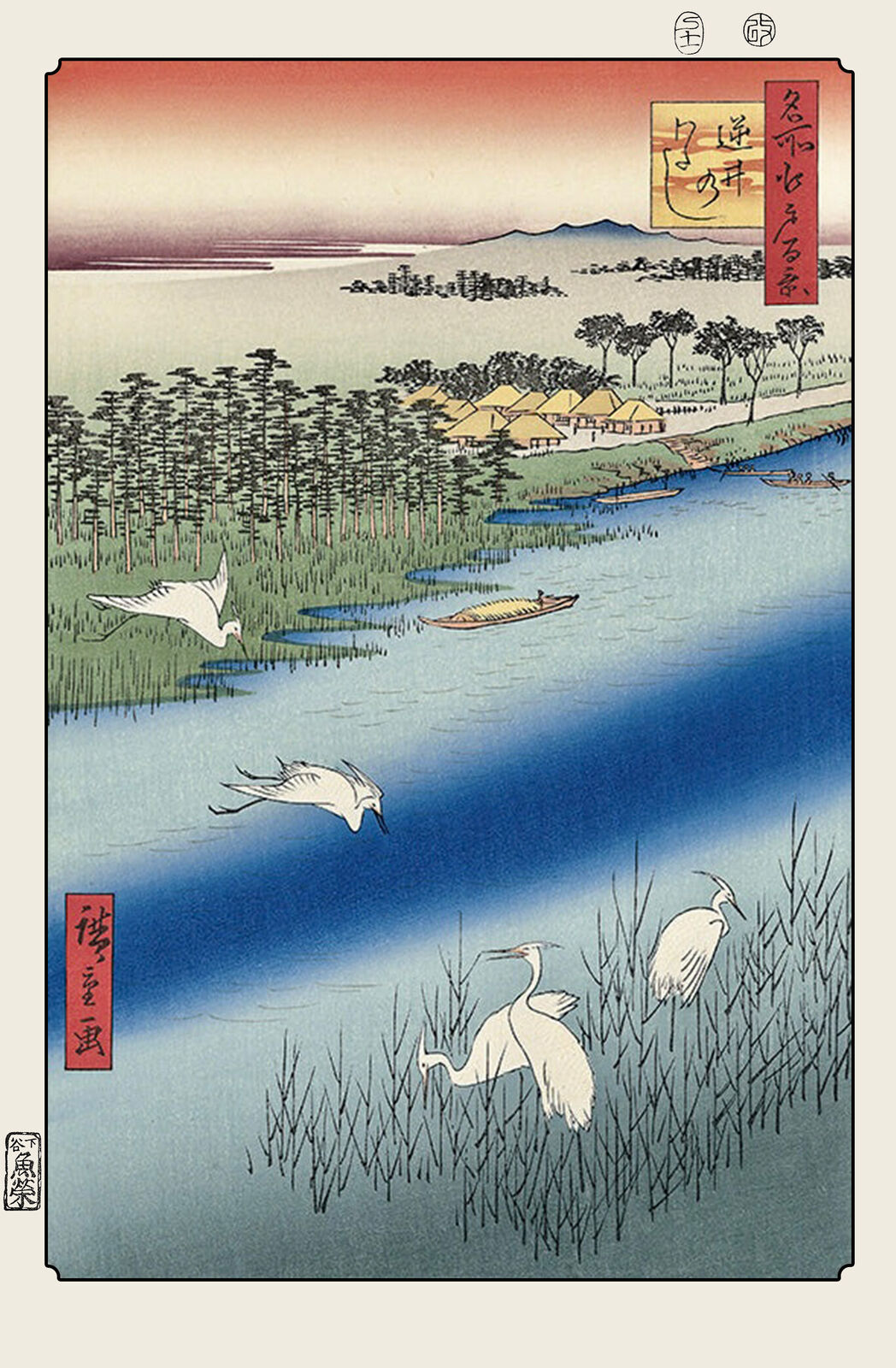 A painting of two white birds flying over a body of water.