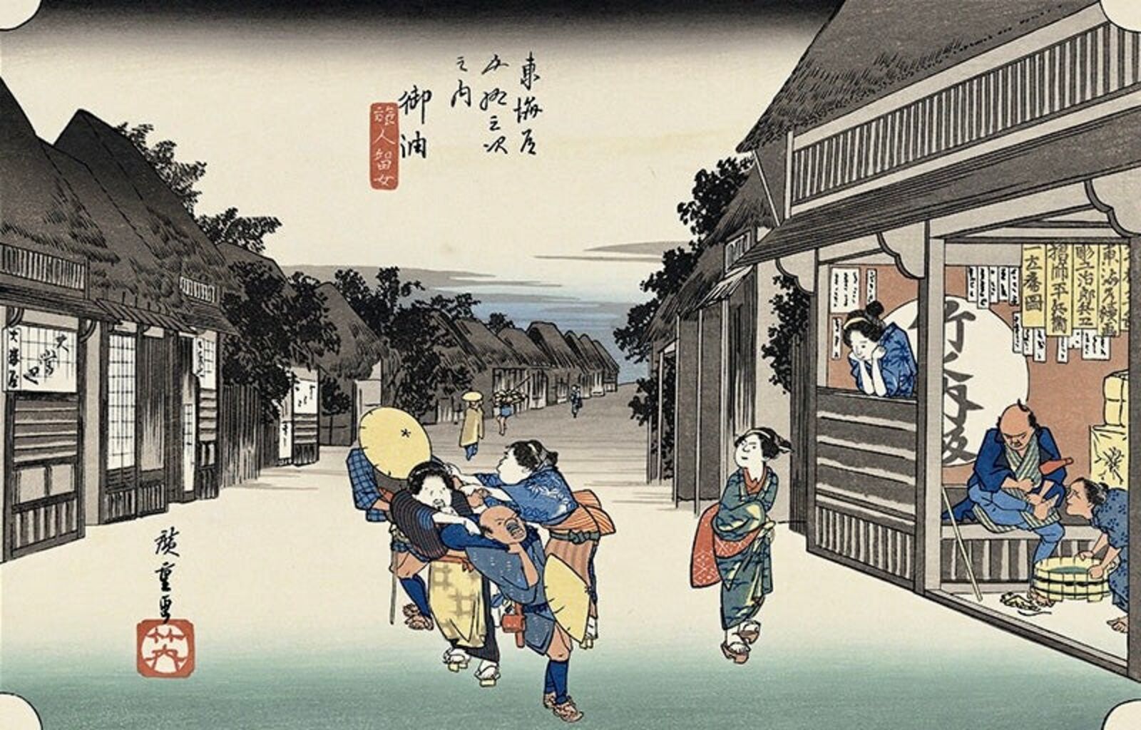 A painting of a group of people walking down a street.