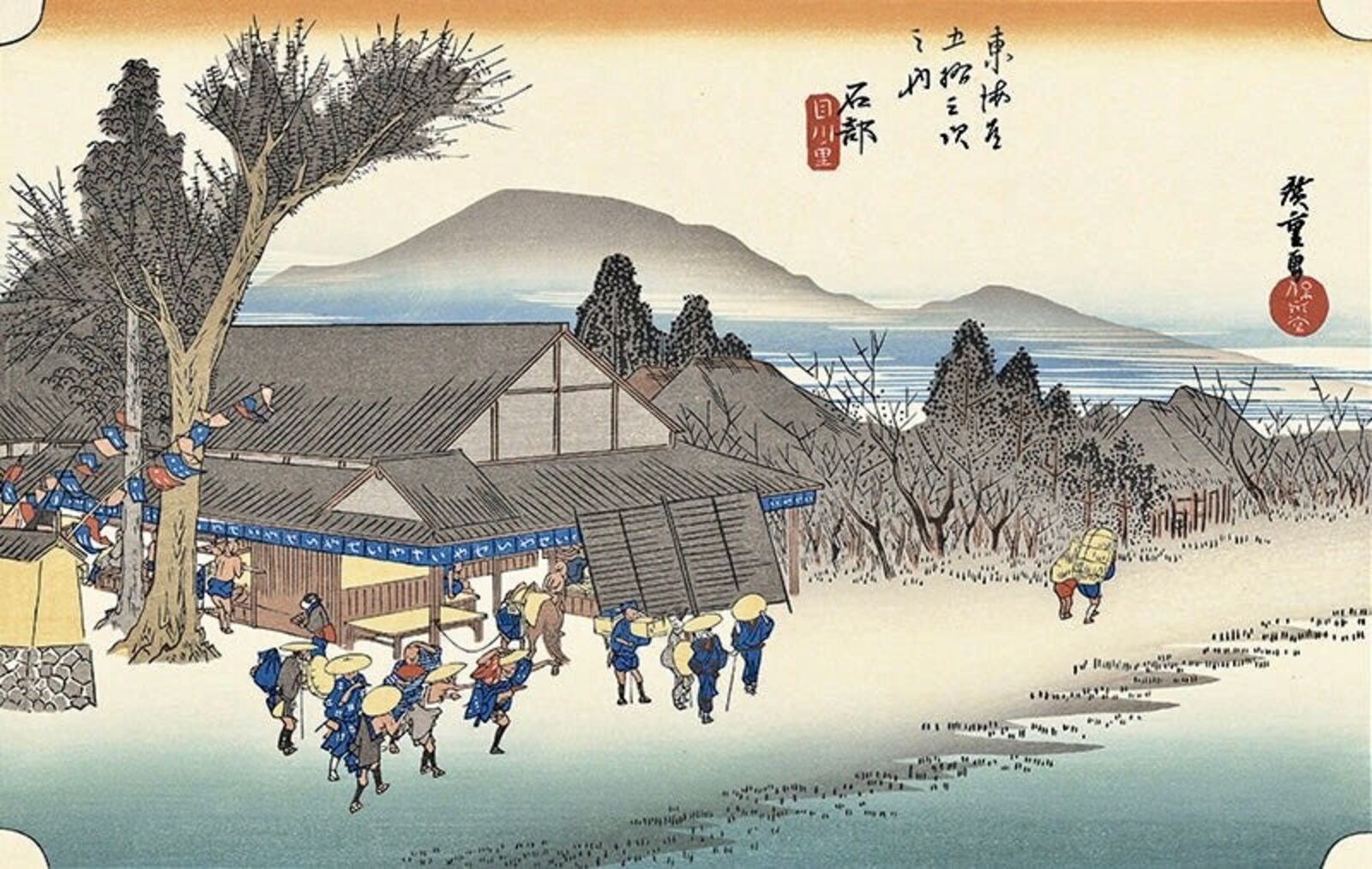 A painting of a group of people walking in front of a building.