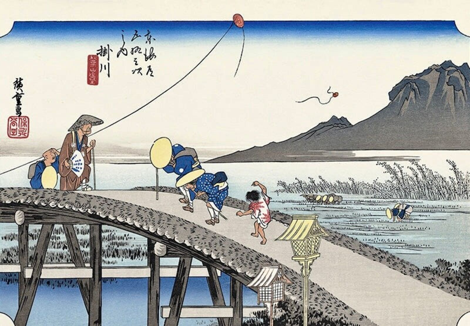 A painting of people fishing on a bridge over a lake.