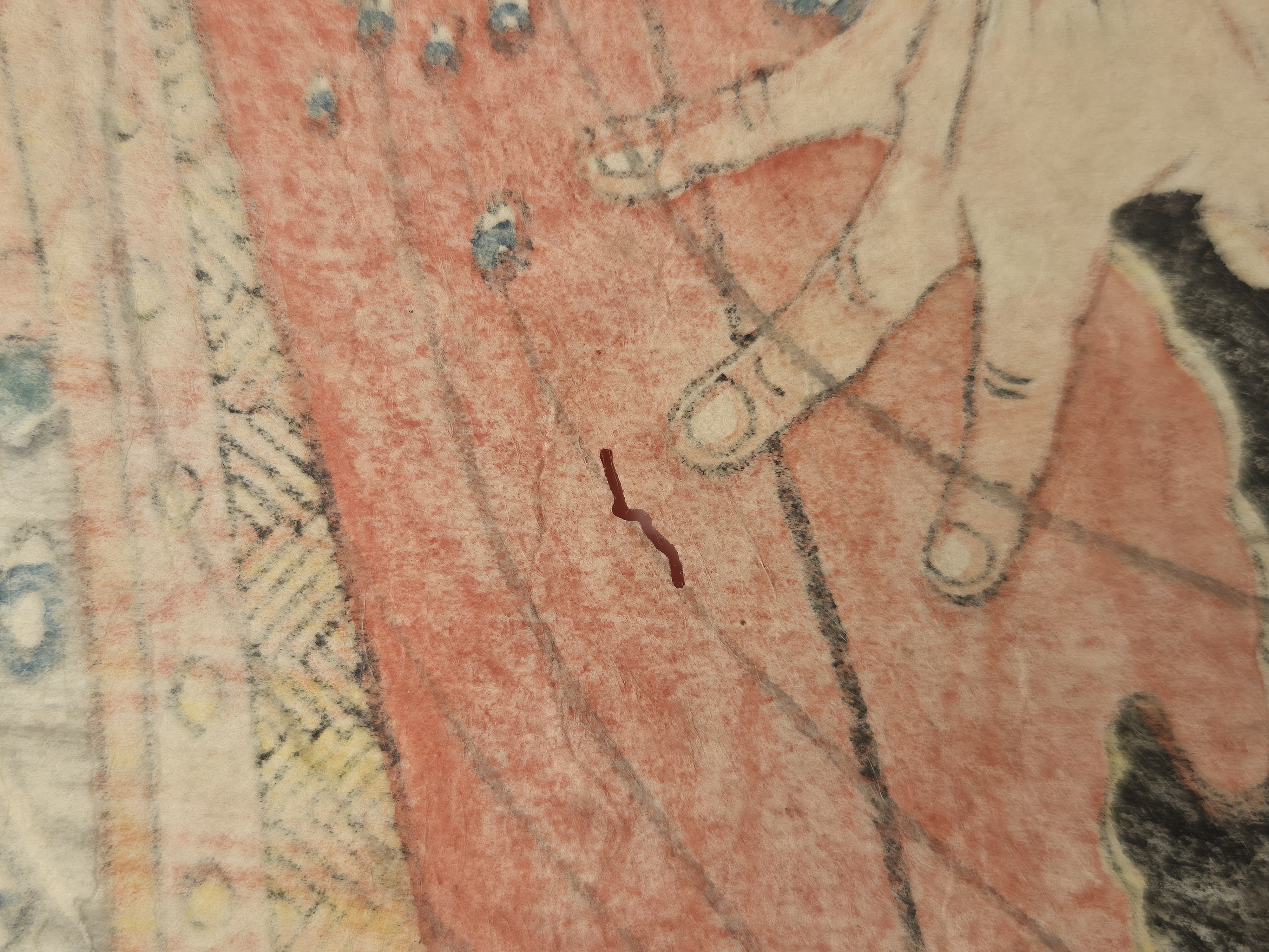 A dramatic woodblock print depicting a figure in peril amidst turbulent waves.