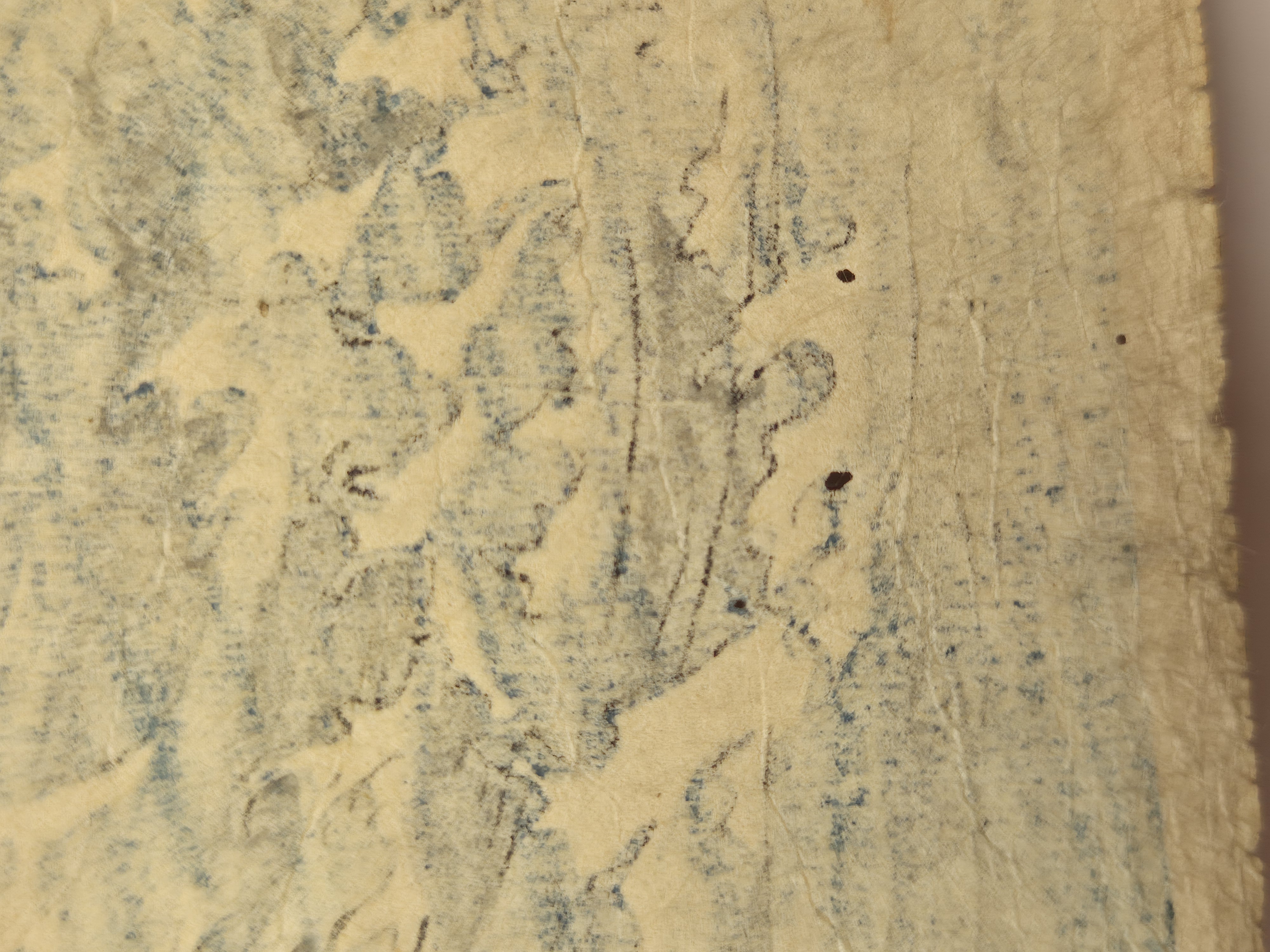 A dramatic woodblock print depicting a figure in peril amidst turbulent waves.