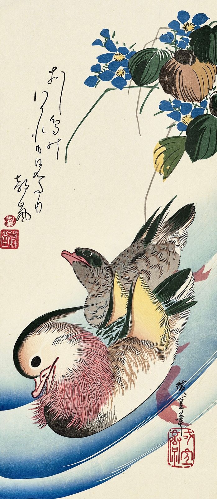 A painting of two ducks sitting on top of each other.
