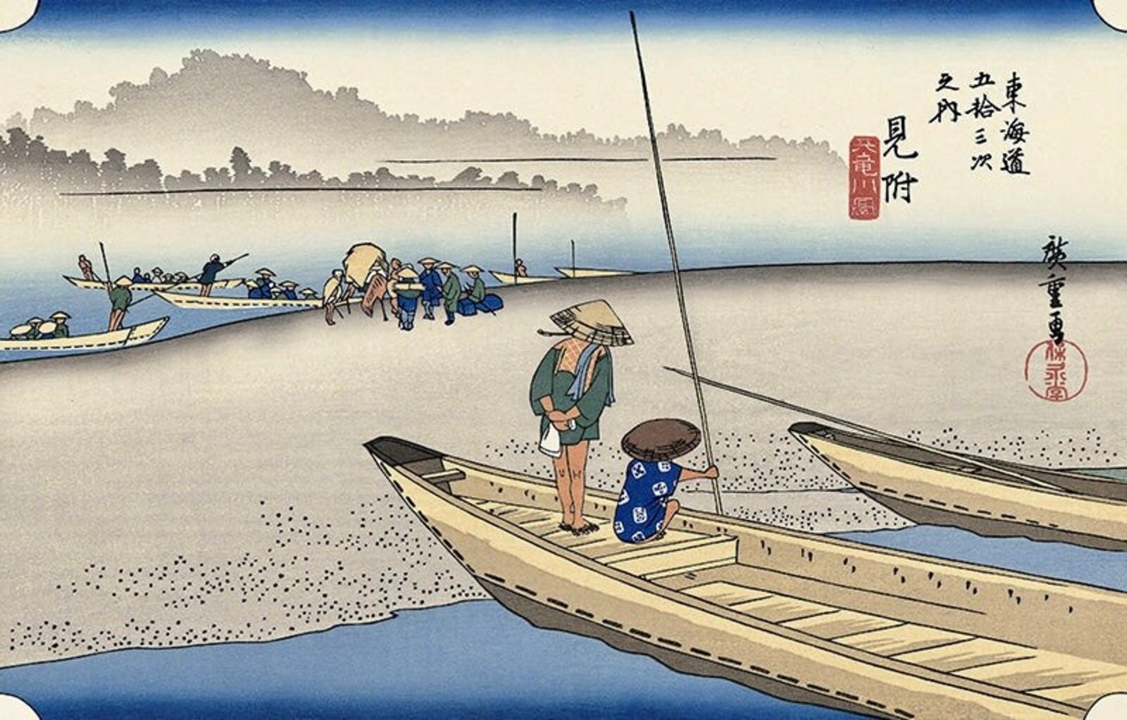 A painting of a group of people in a boat on a lake.