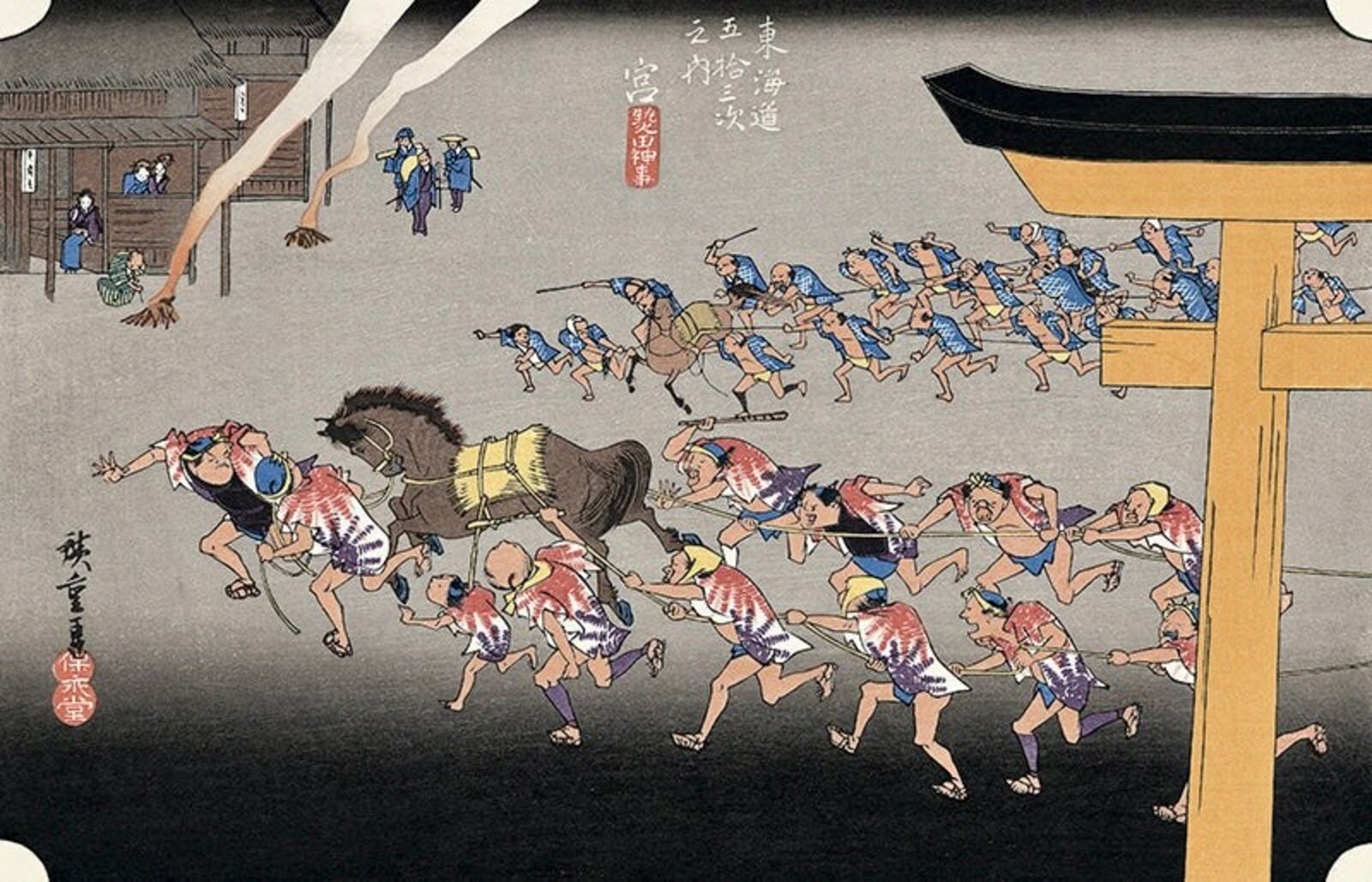 A painting of a group of people running around a horse.