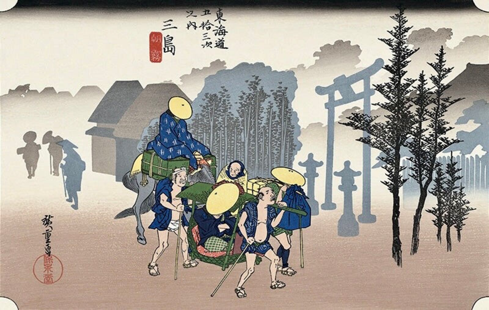 A group of people walking down a street with a horse drawn carriage.