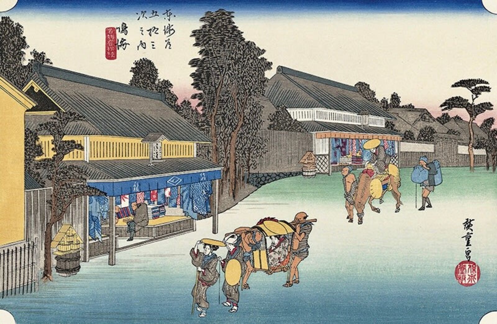 A painting of a group of people walking down a street.