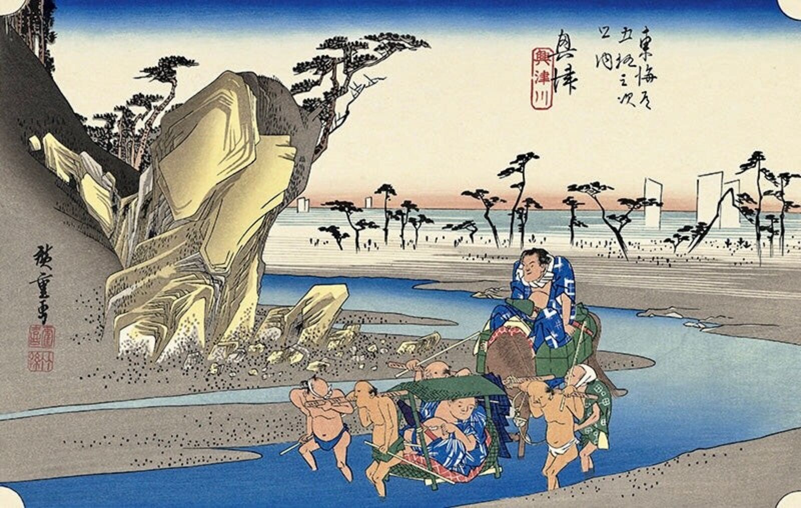 A painting of a group of people on a beach.