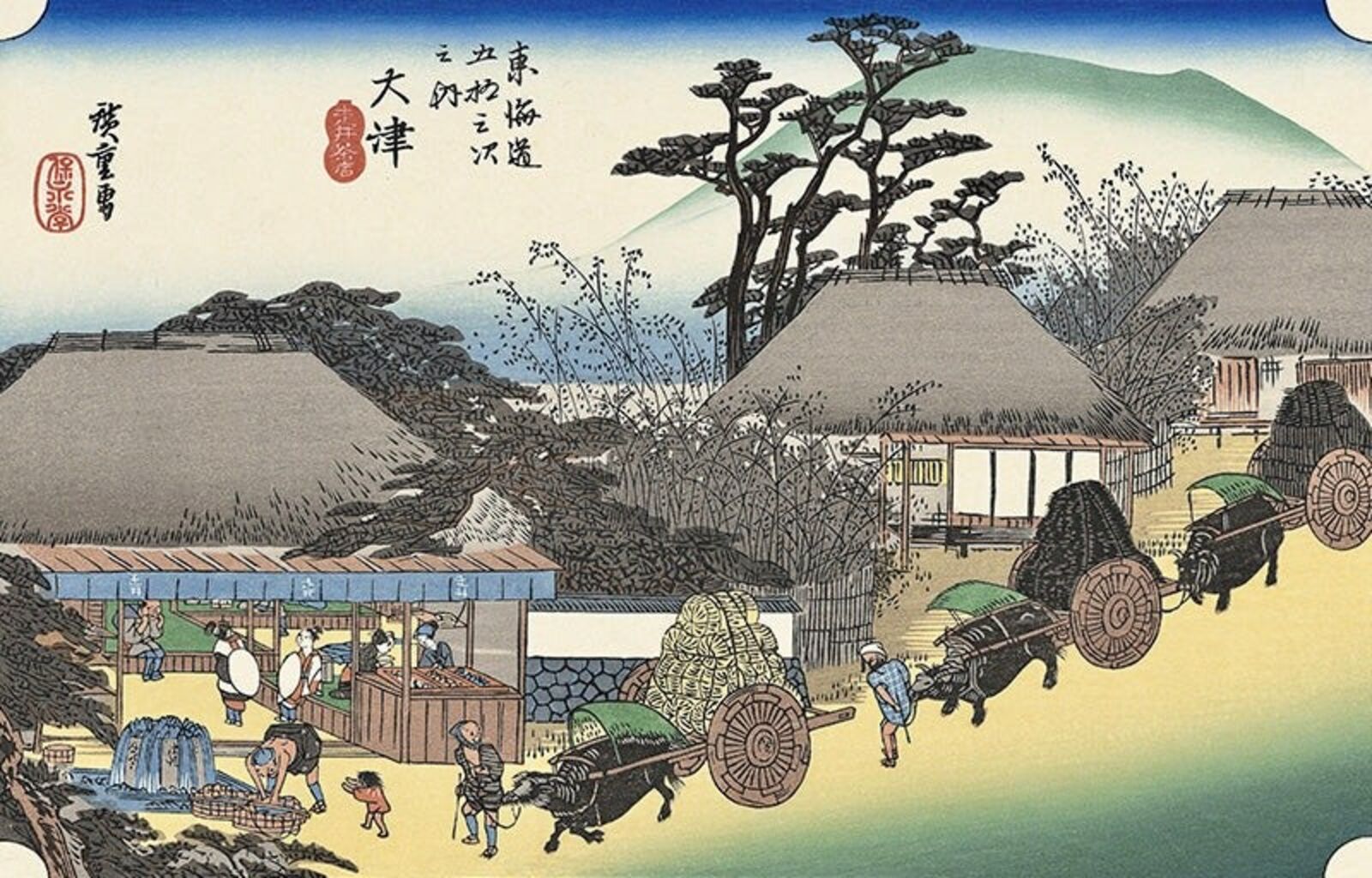 A painting of a village scene with a horse drawn cart.