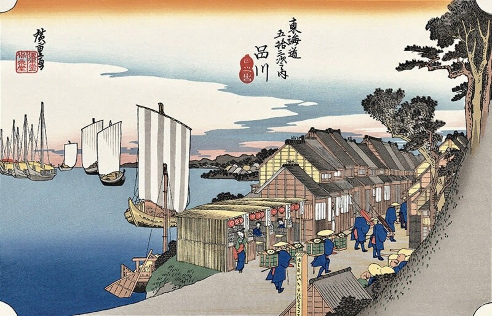 A painting of people walking down a street next to a body of water.