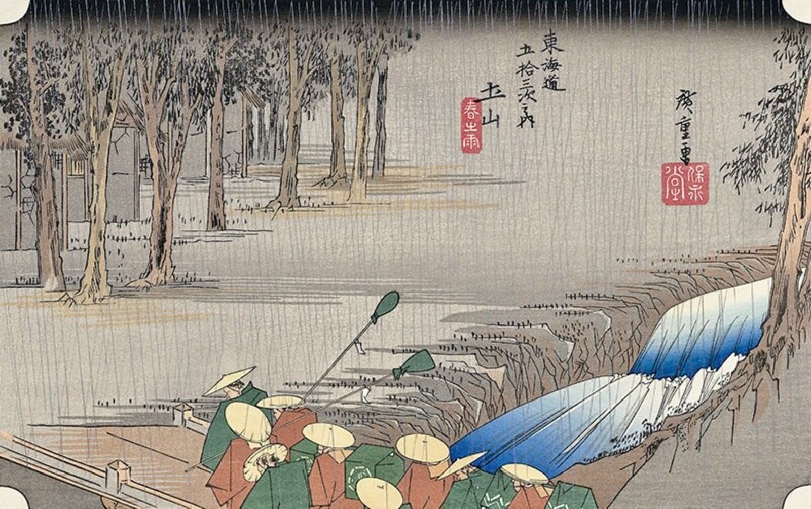 A painting of a group of people in the rain with umbrellas.