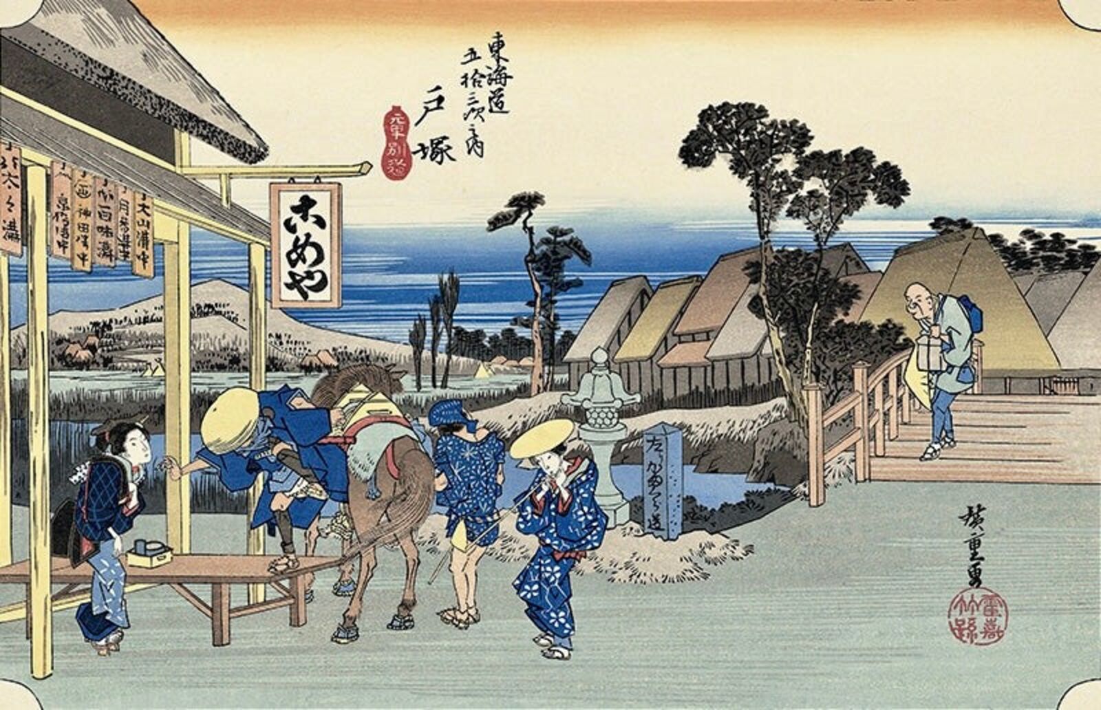 A painting of a group of people walking down a street.