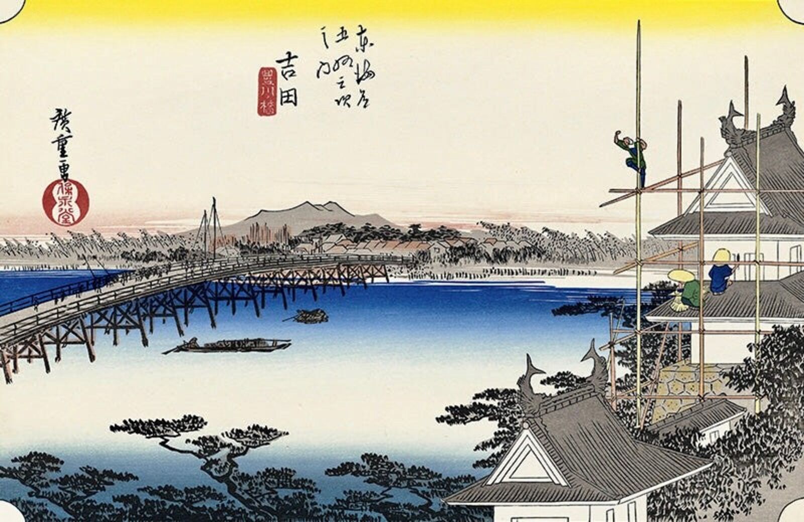A painting of a bridge over a body of water.