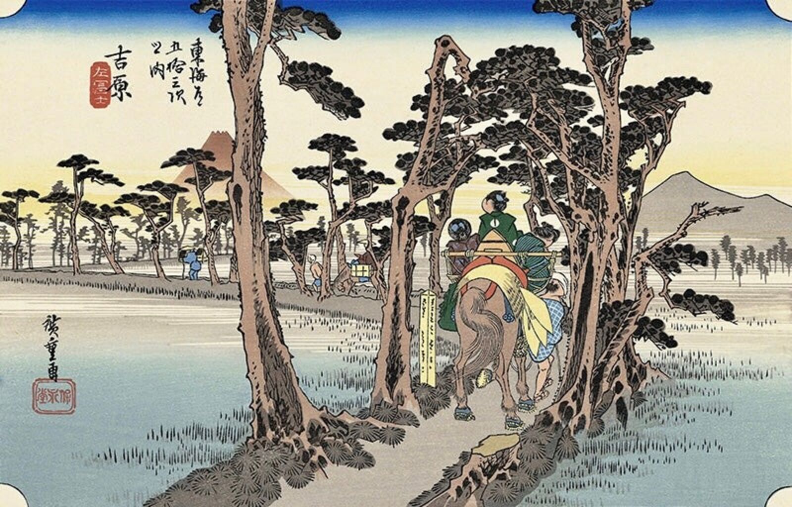 A painting of a man riding a horse through a forest.