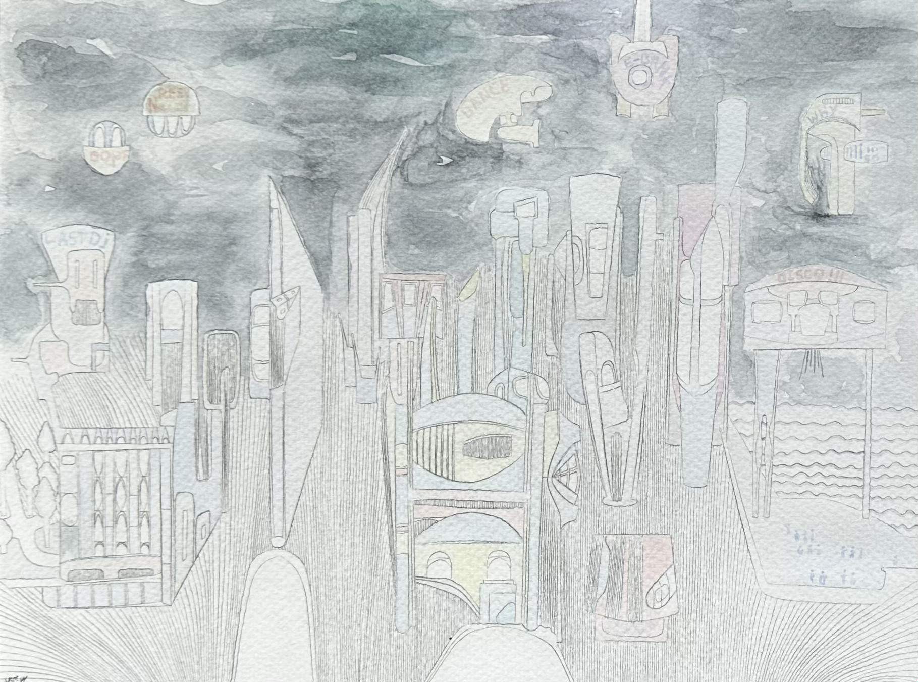 A surreal watercolor cityscape featuring abstract architecture and floating geometric shapes against a muted sky.