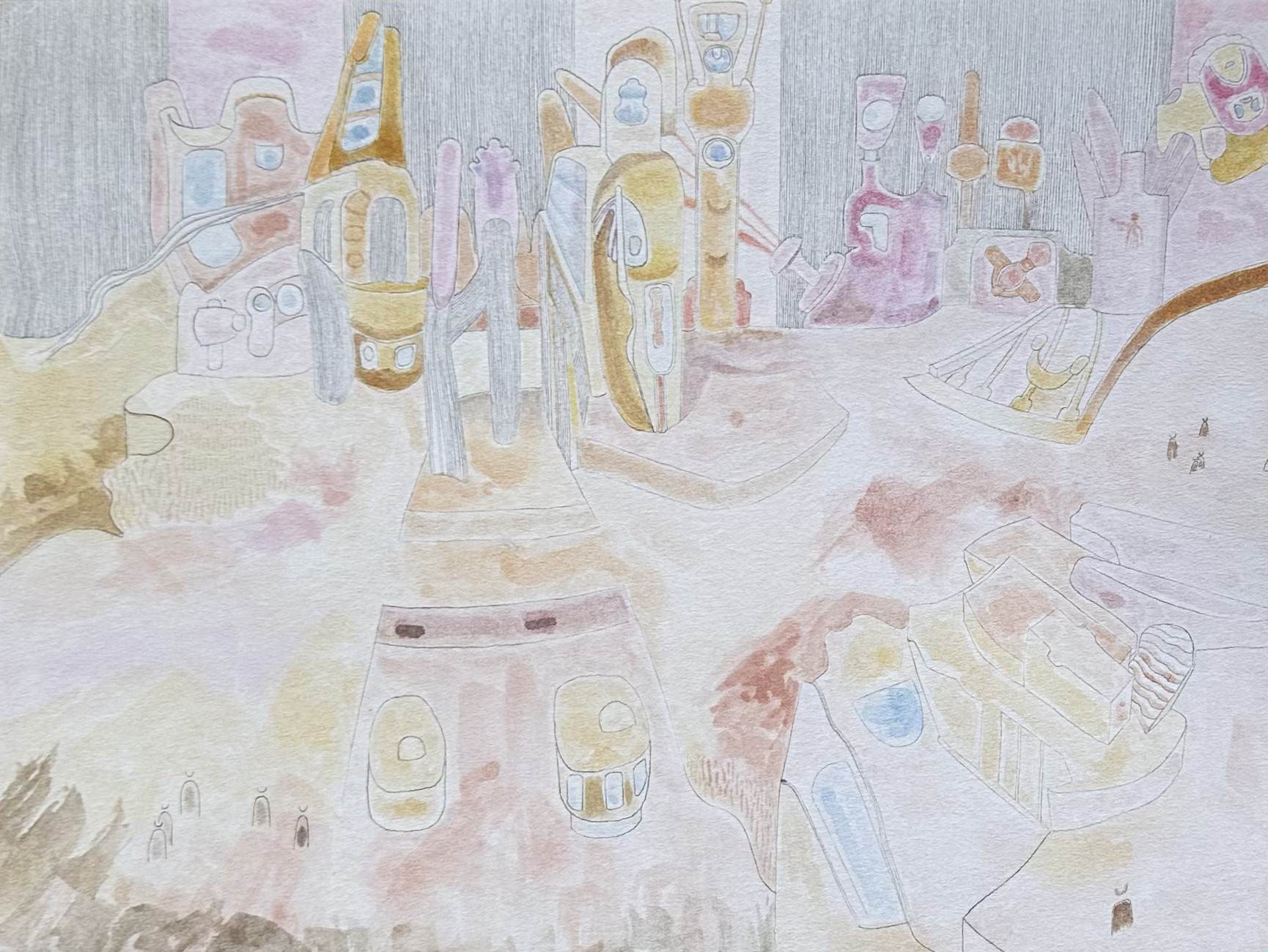 A whimsical watercolor illustration of a surreal, dreamlike cityscape filled with strange architectural forms.