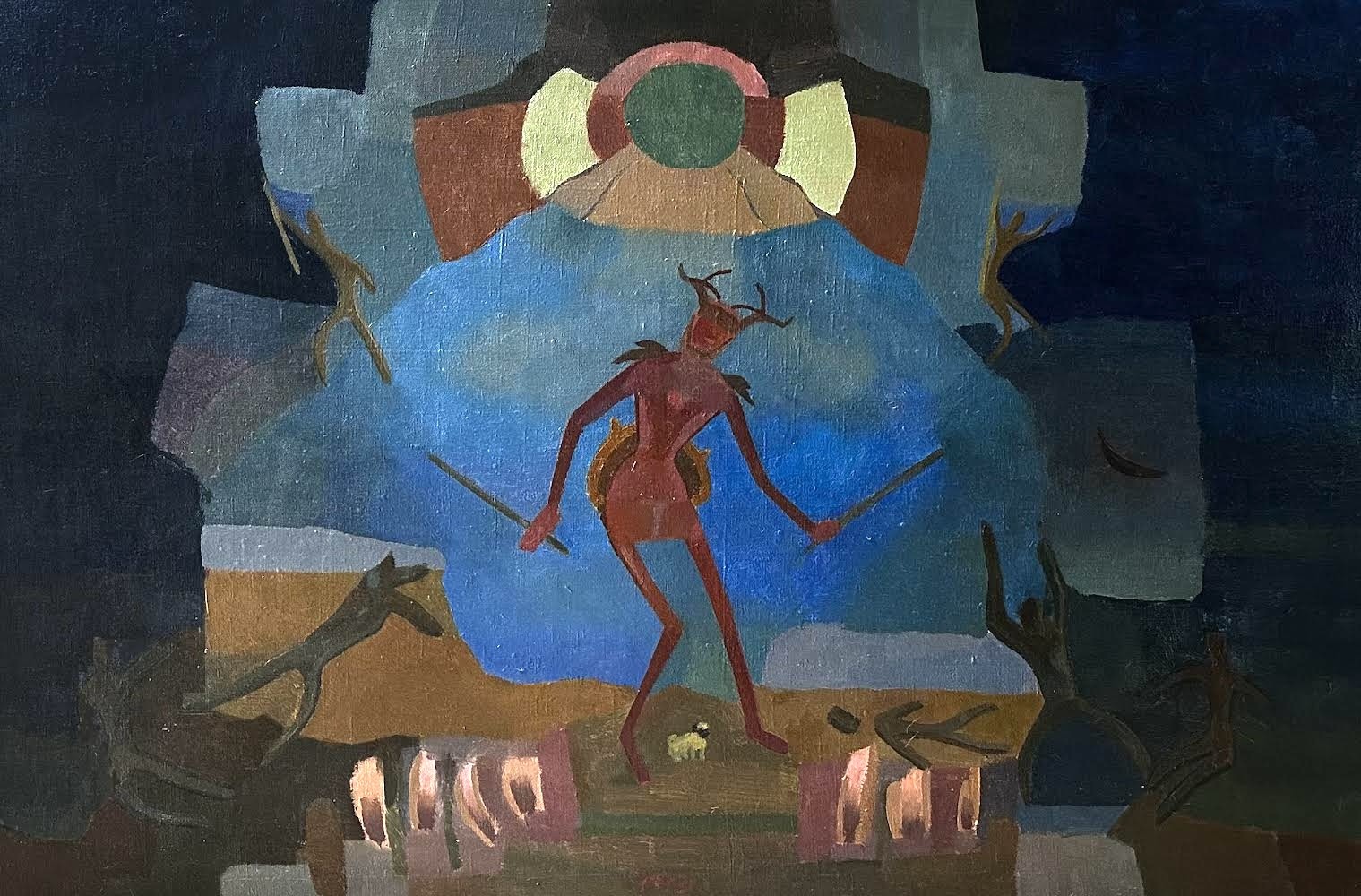 A surreal painting featuring a red, antlered figure standing before a massive blue structure.