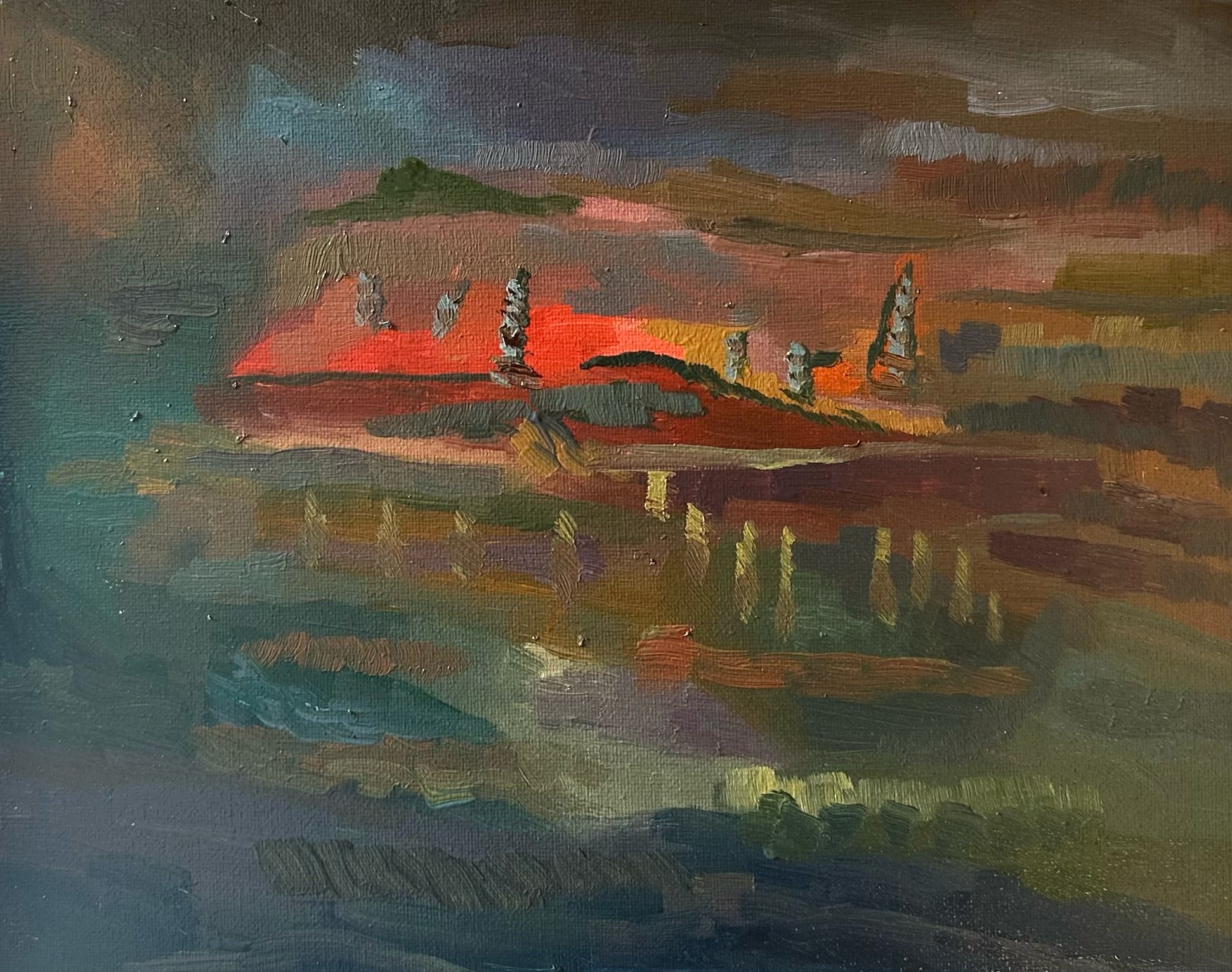 A textured landscape painting featuring a vibrant sunset over a reflective body of water.