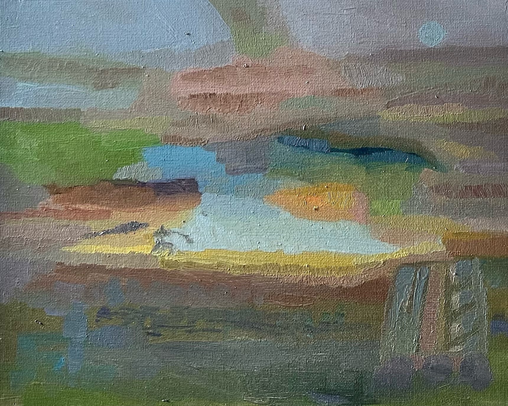An abstract landscape painting featuring layered horizontal bands of earthy and cool tones.