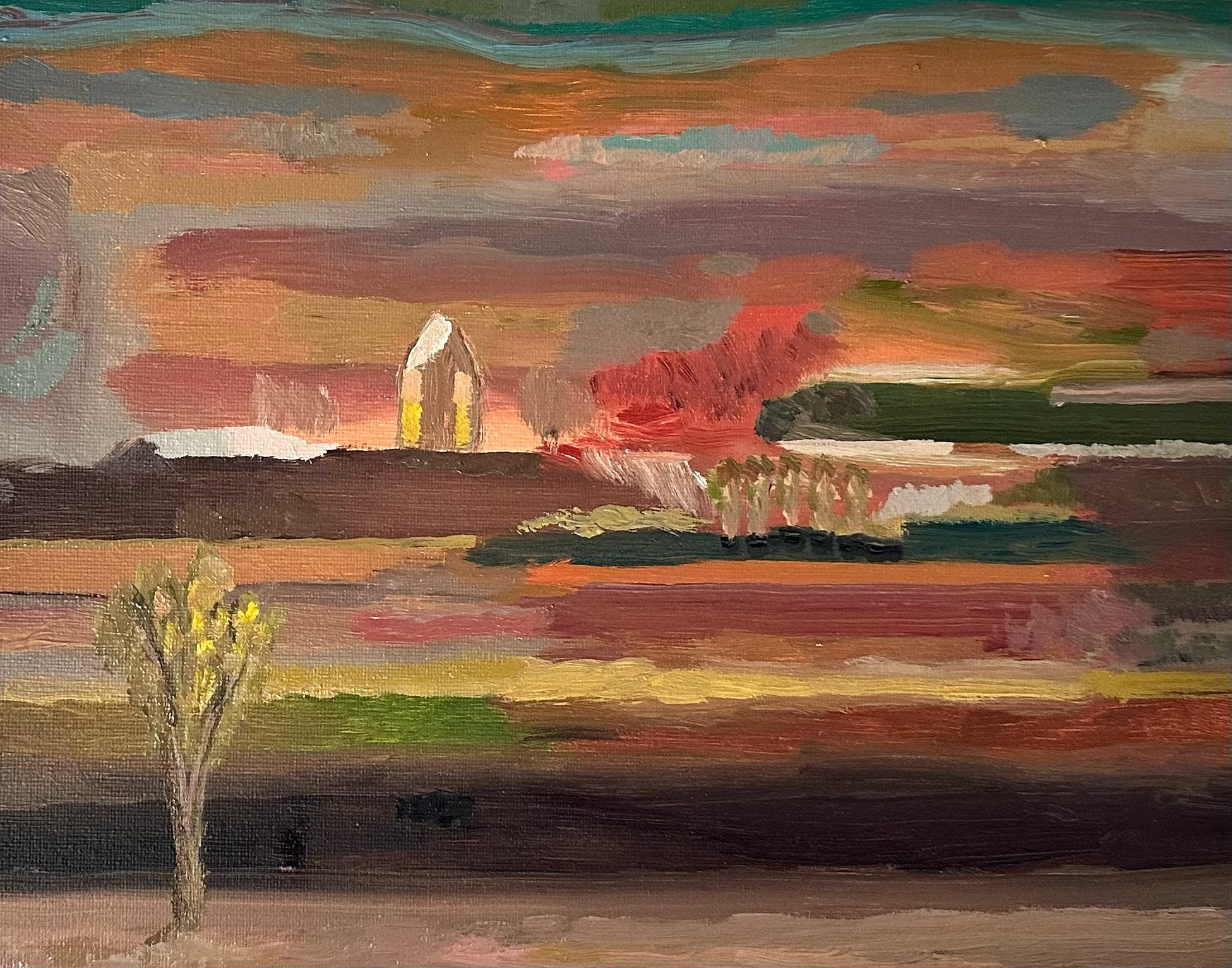 A vibrant landscape painting featuring a solitary tree, distant structures, and a dramatic sky rendered in bold, expressive strokes.