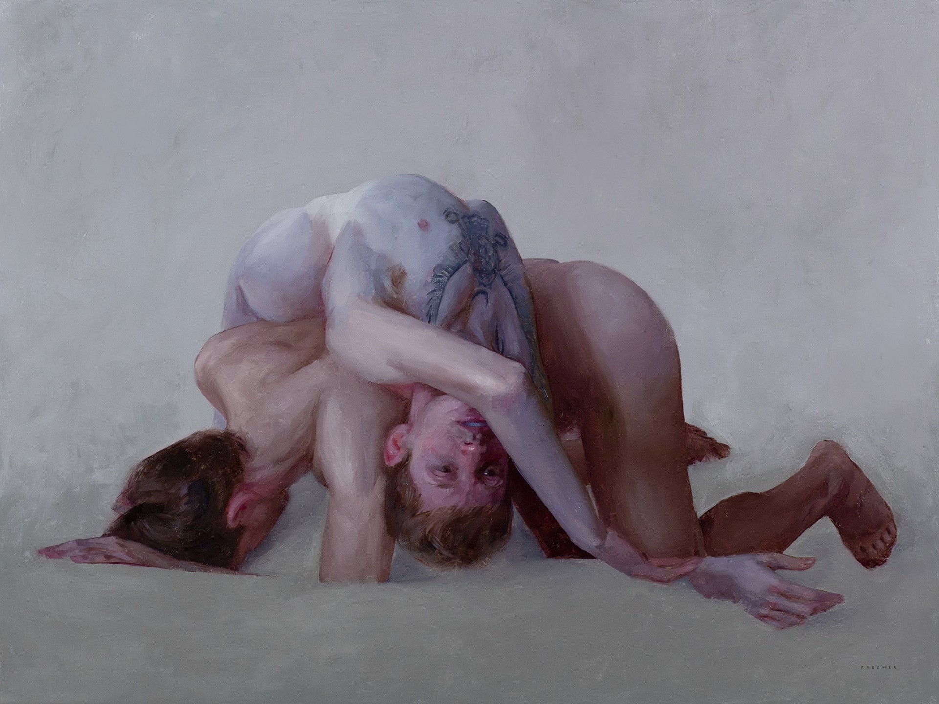 A nude figure is depicted in a contorted, intimate pose on a plain background.