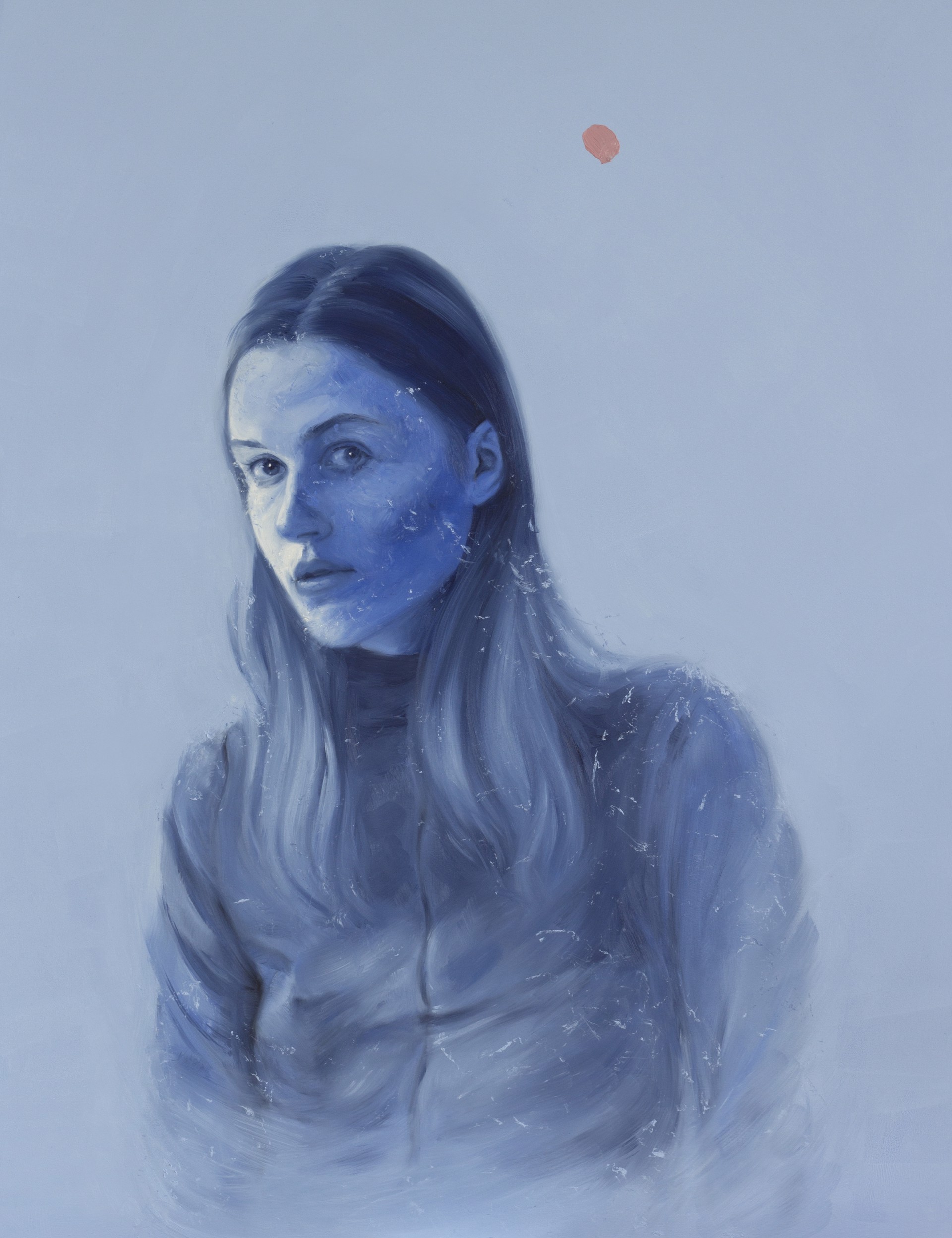 A painting of a woman with long hair and a red dot on her forehead.