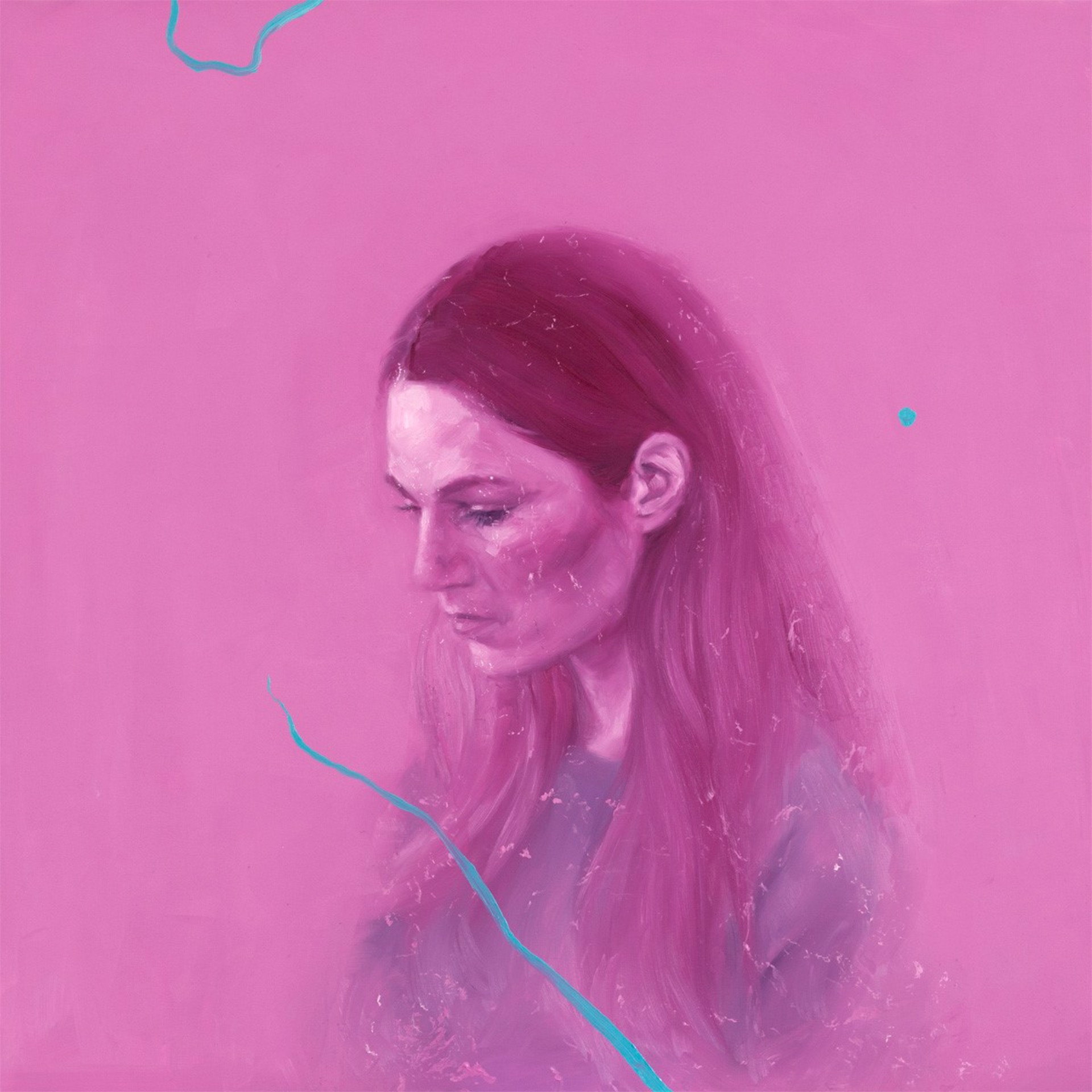 A painting of a woman with long hair on a pink background.