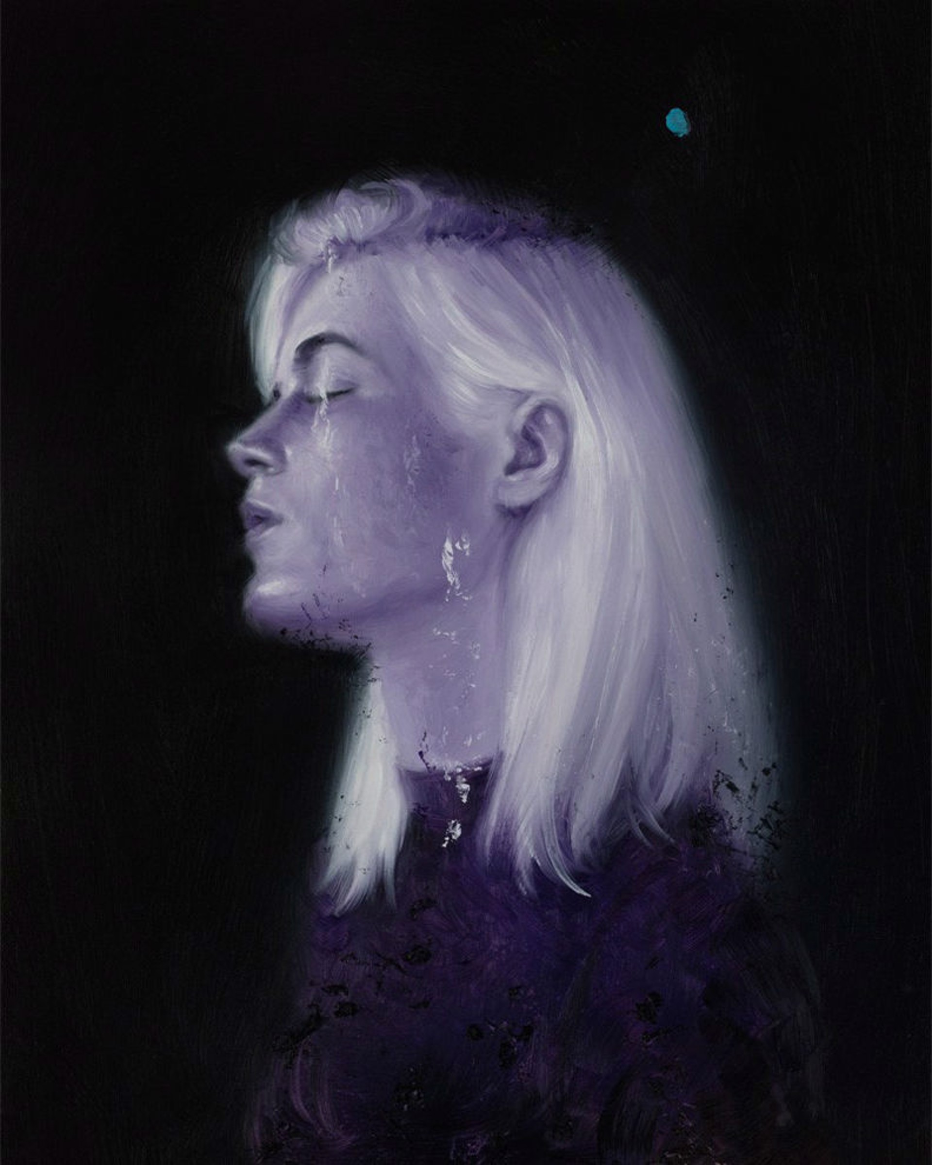 A serene profile portrait of a figure with glowing white hair against a dark void.