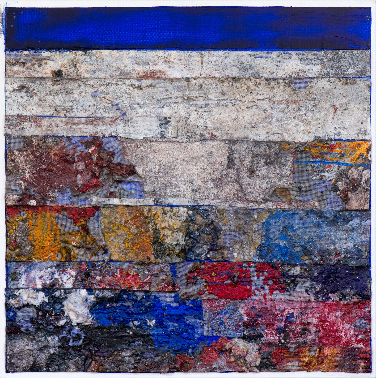 A painting of a brick wall with a blue and red stripe.