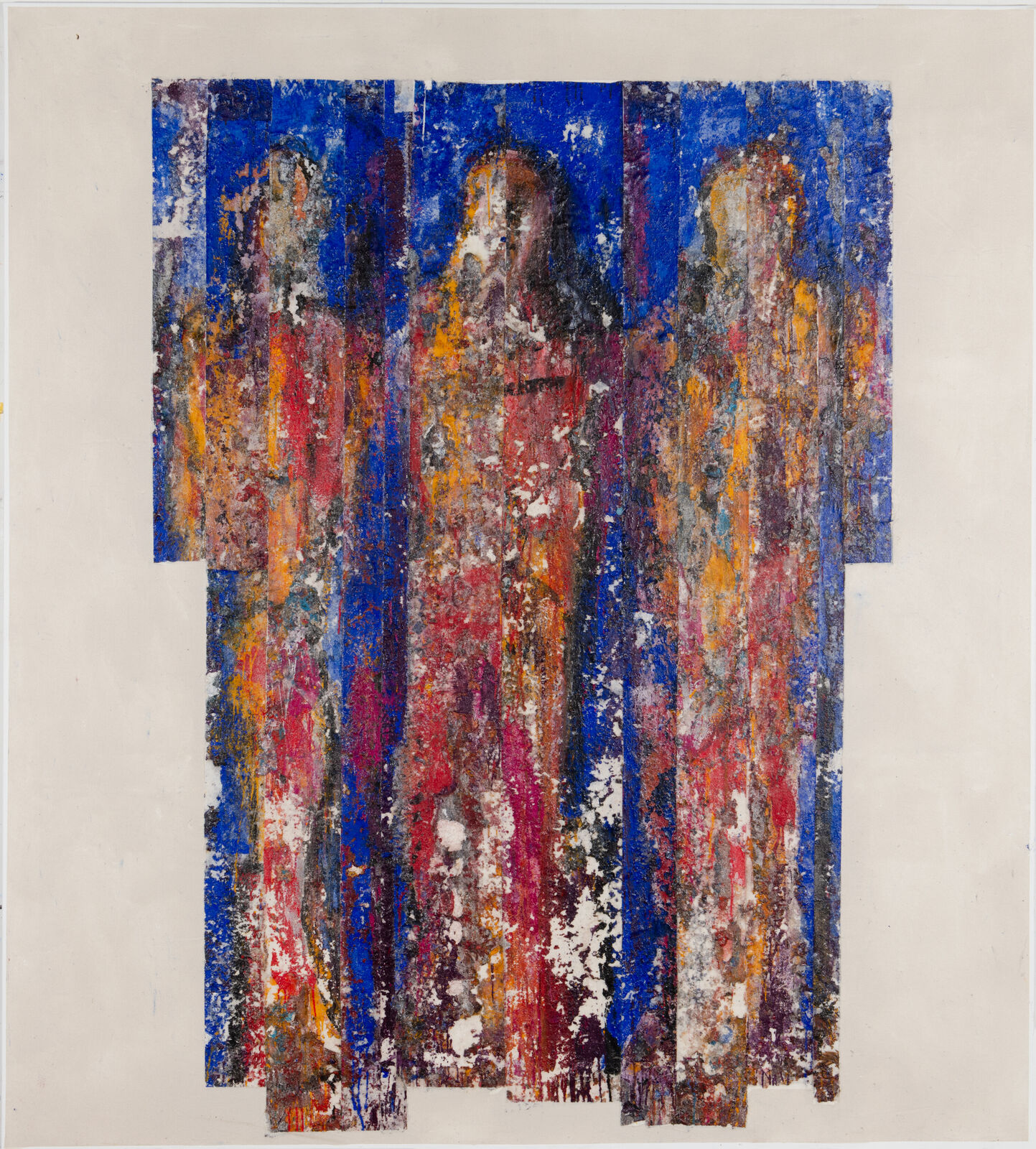 A painting of three people standing in front of a blue background.