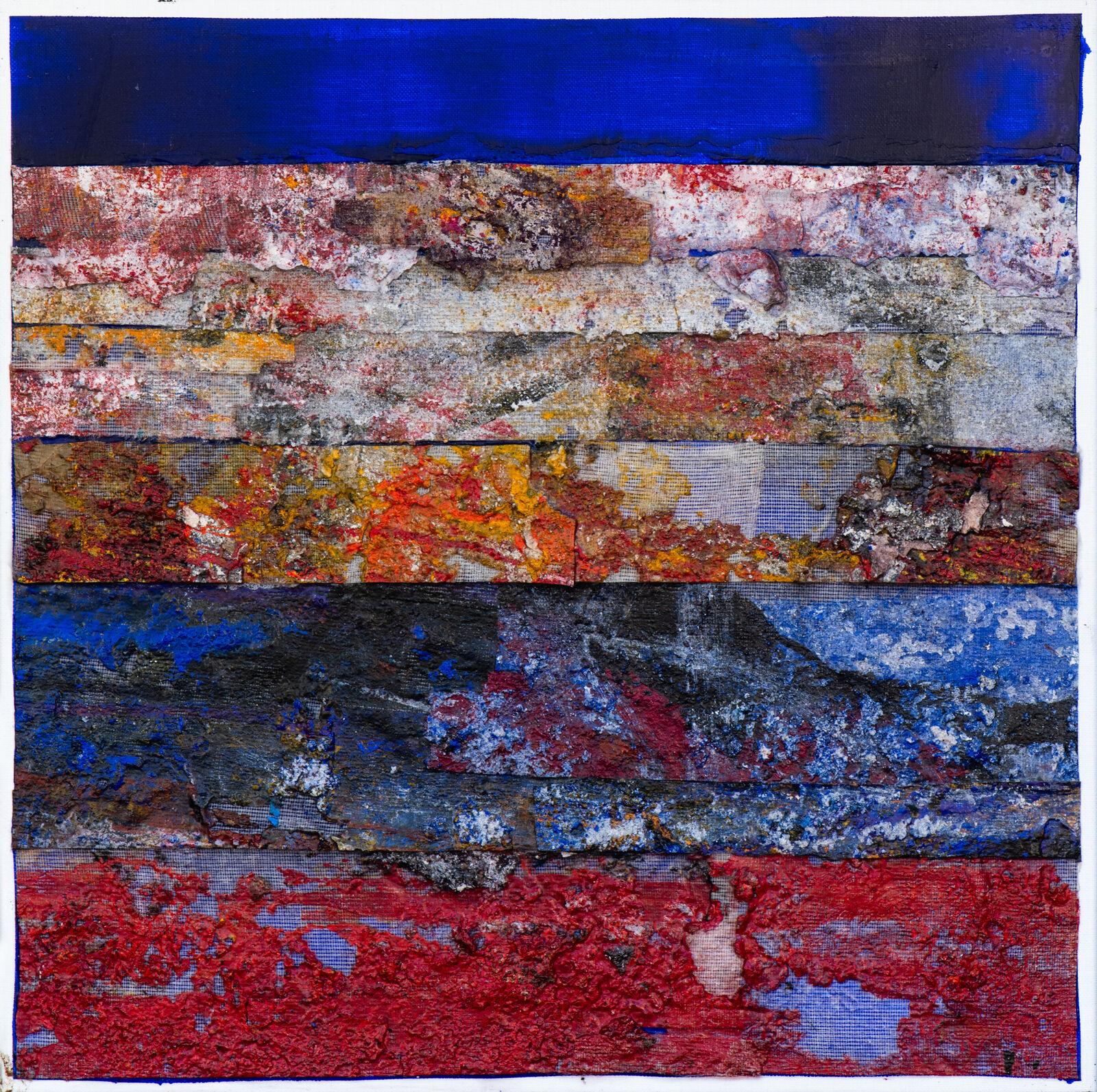 A painting of a red, white, and blue striped wall.