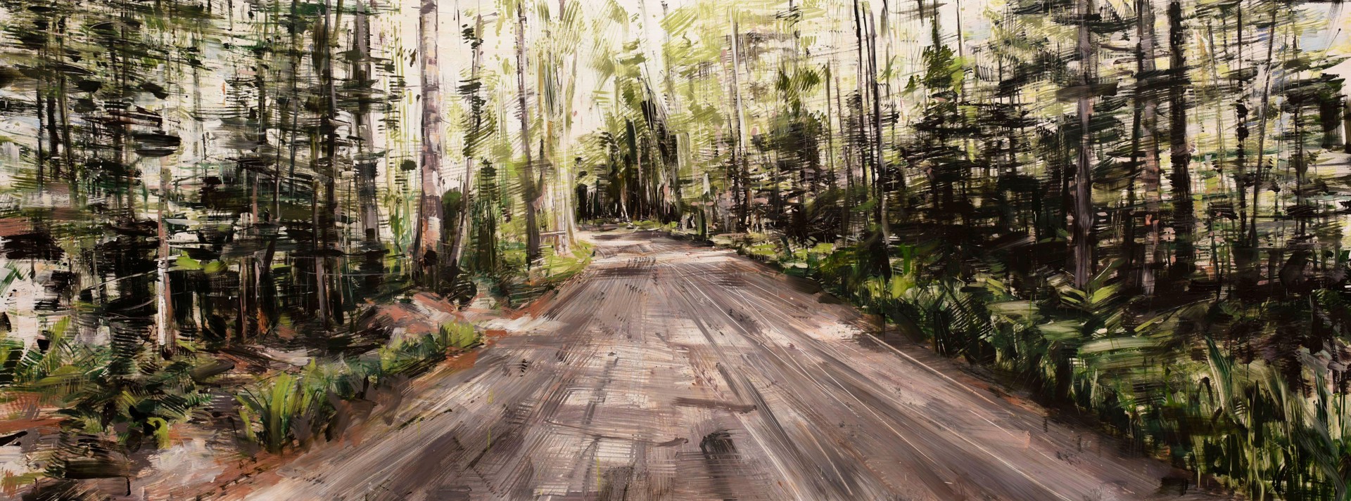 A painting of a dirt road in the woods.