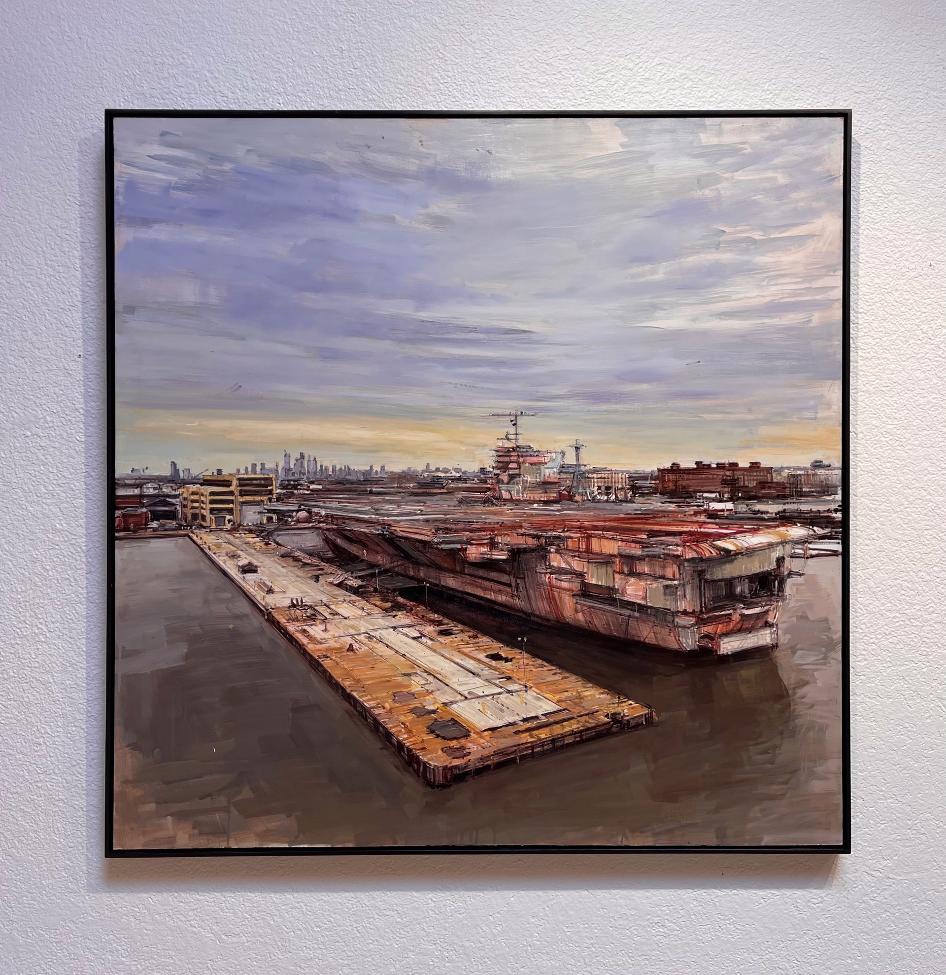 A painting of an aircraft carrier docked at a dock.